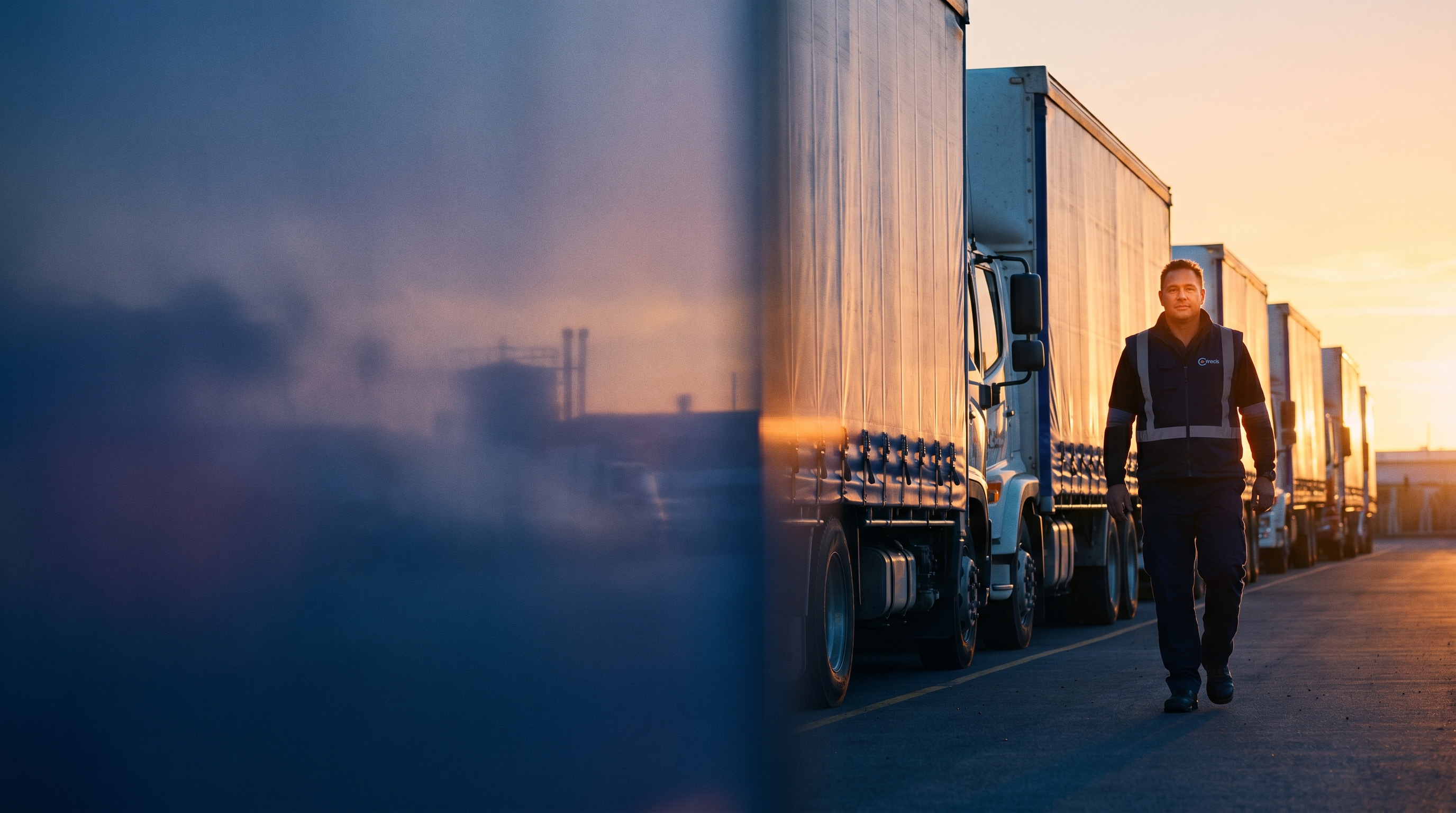 Cinematic view of NZ commercial fleet vehicles on state highway through Canterbury Plains at golden hour, fleet management operational context, right-hand drive trucks