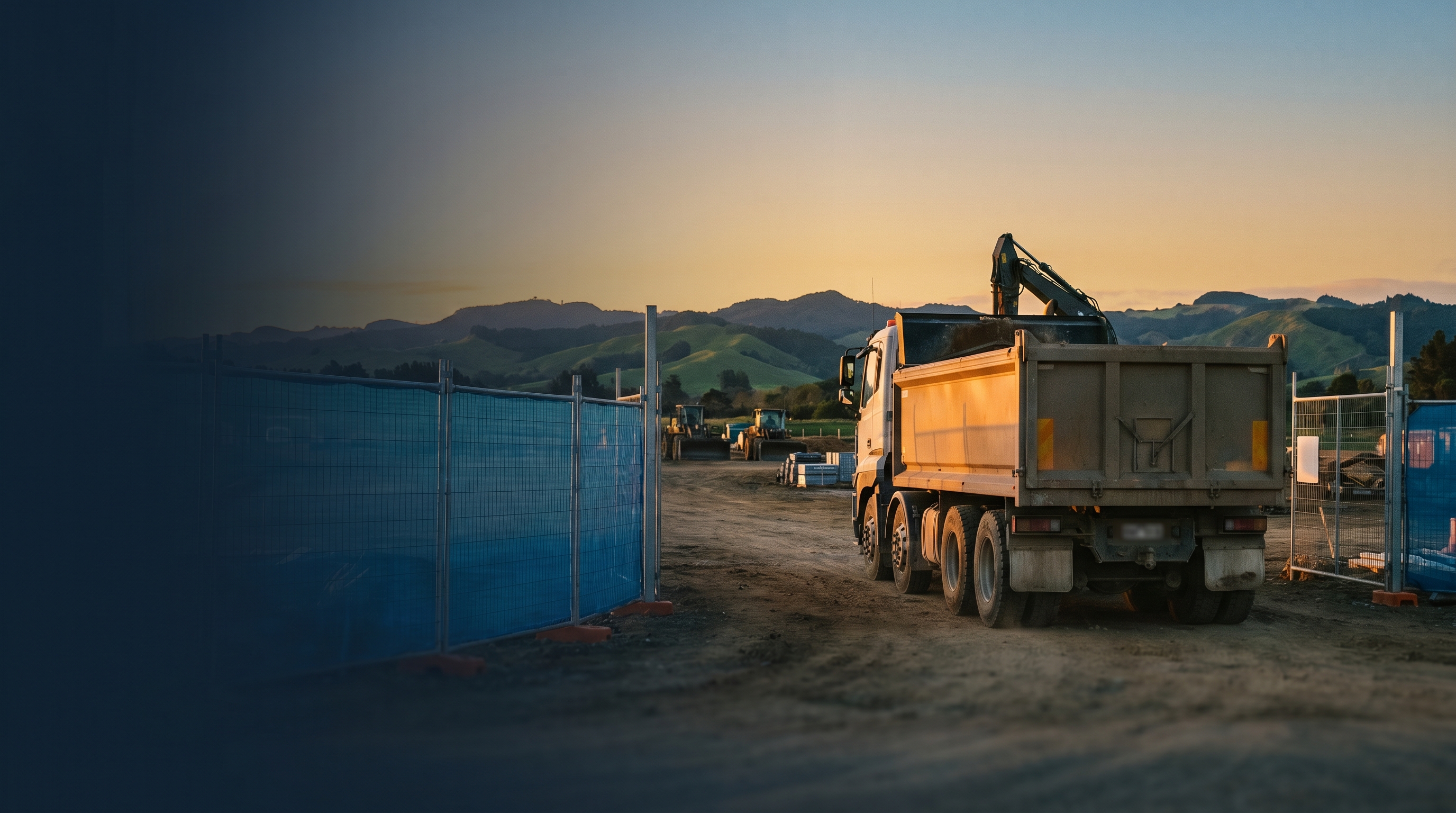 Fleet vehicles entering a geofence zone at a New Zealand depot yard at golden hour