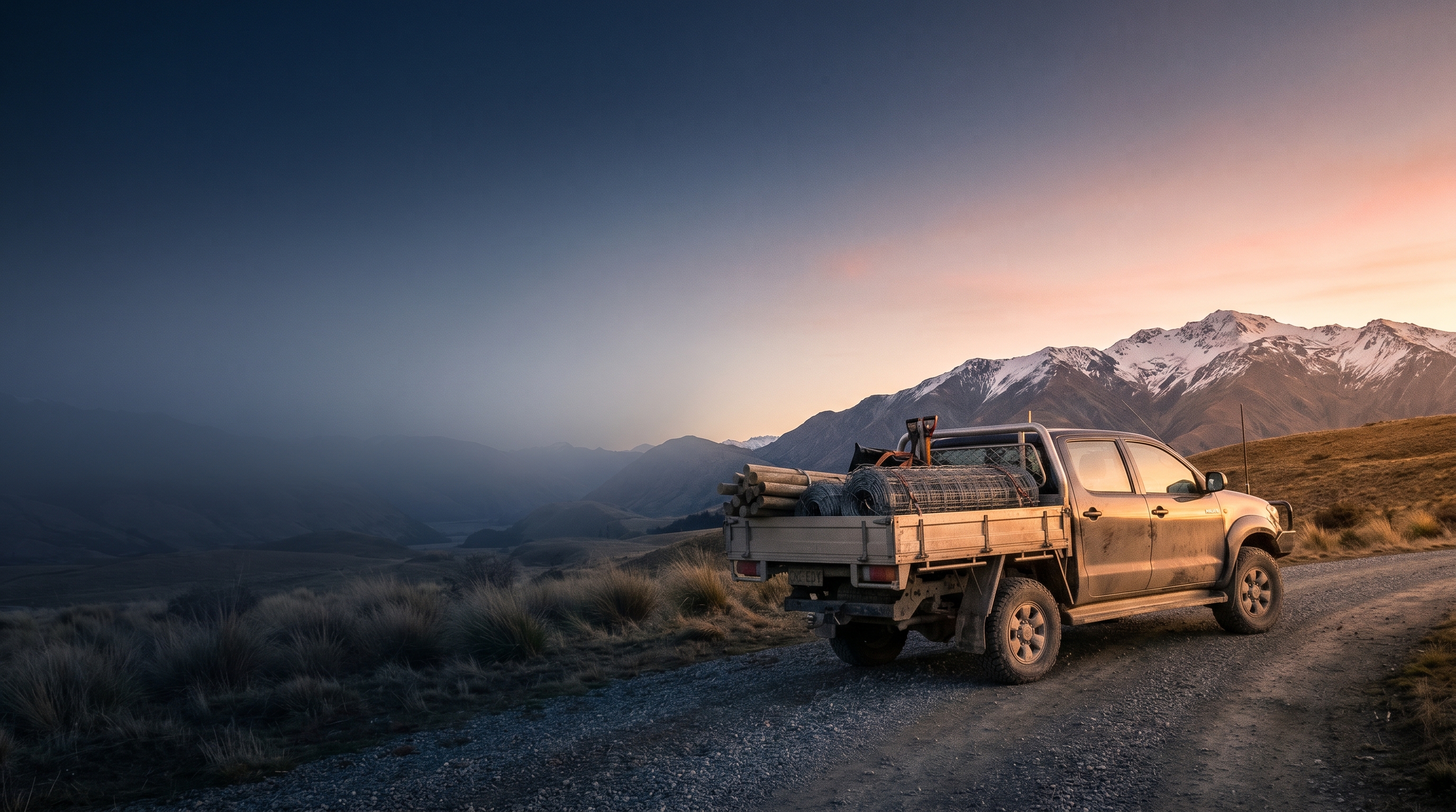 NZ commercial fleet vehicles on a state highway with GPS signal arcs, green rolling hills backdrop