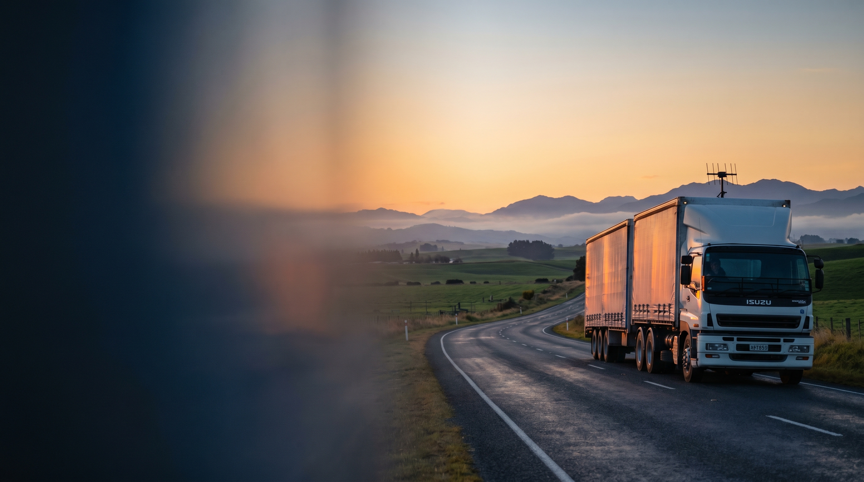 Hino truck and Toyota HiAce van driving on NZ state highway through green rolling hills at golden hour — telematics for NZ fleet management