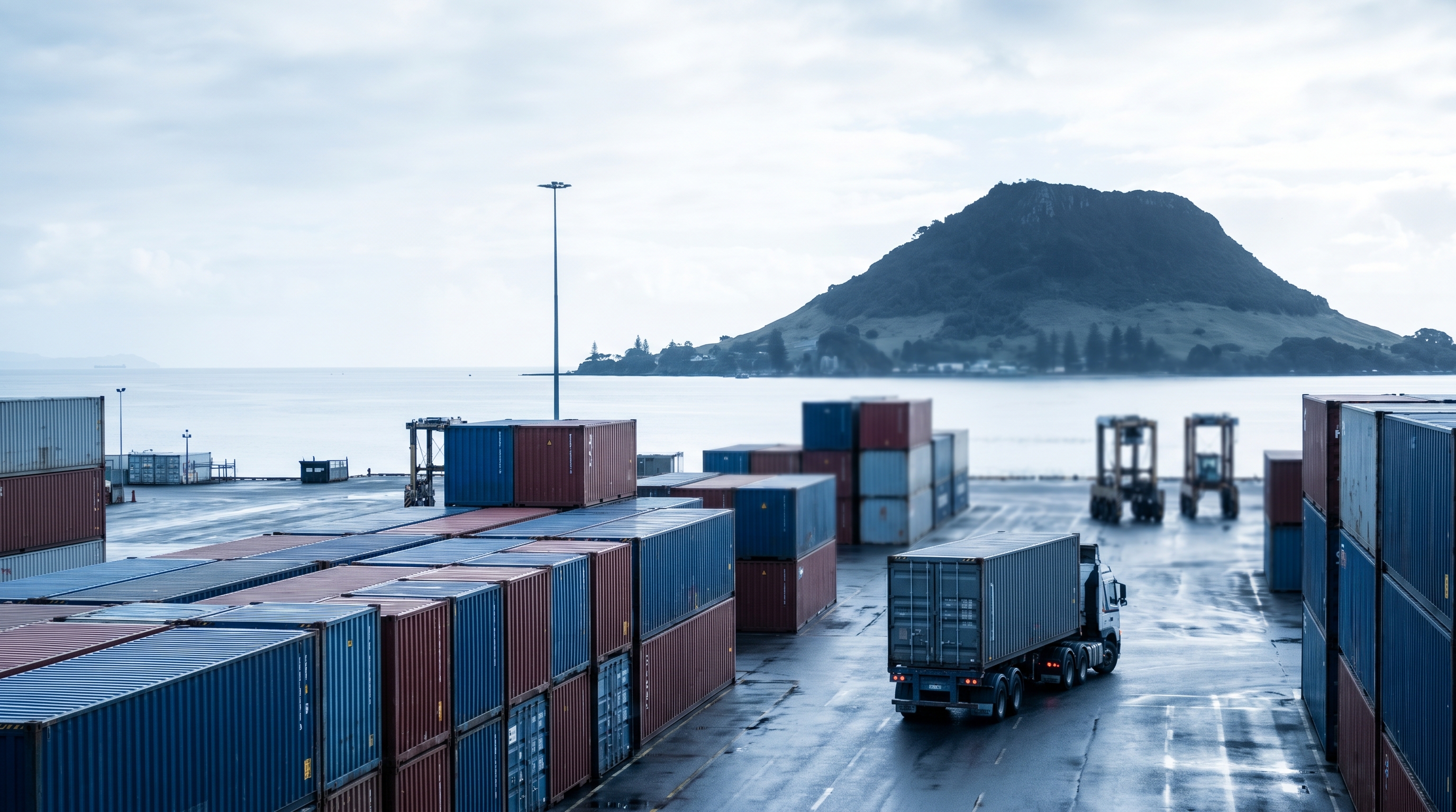 Shipping container stacks, straddle carriers and a container truck at the Port of Tauranga, New Zealand, with Mount Maunganui silhouetted on the coast