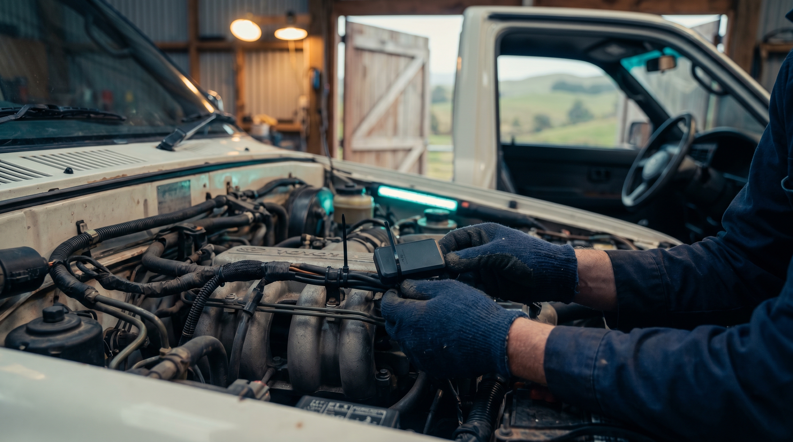 Gloved fleet technician hands installing a compact GPS tracker on the wiring loom under the bonnet of a right-hand-drive utility vehicle in a rural New Zealand workshop