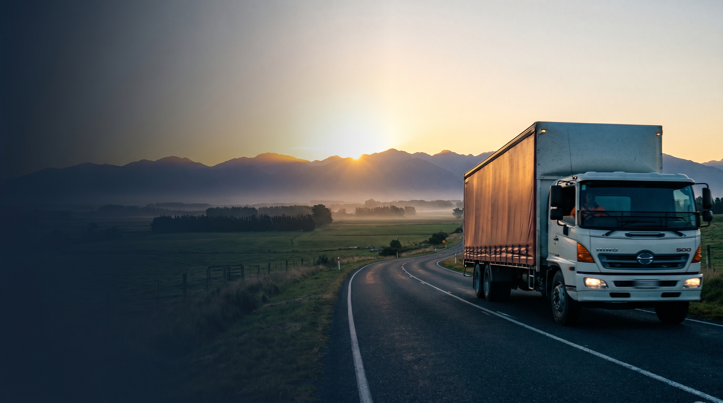 NZ trucks on state highway through green New Zealand hills, crystal GPS fleet management platform visible in overlay