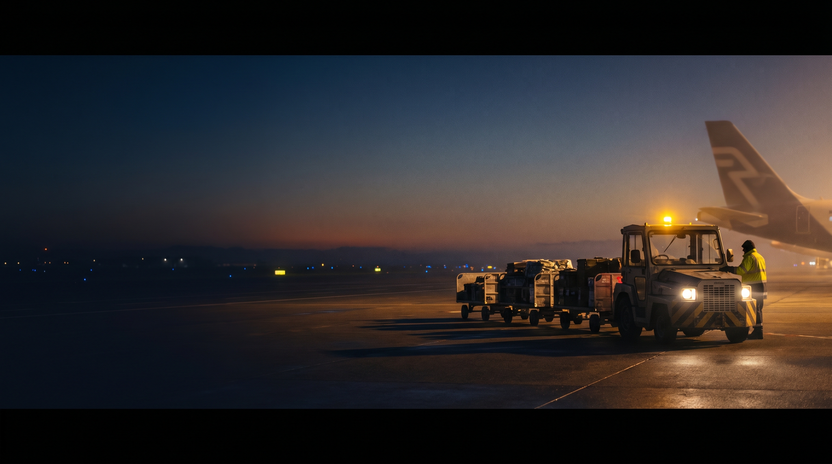 Cinematic sunset over NZ regional airport apron with ground support vehicles including pushback tug, baggage tractor, and fuel truck lined up on tarmac