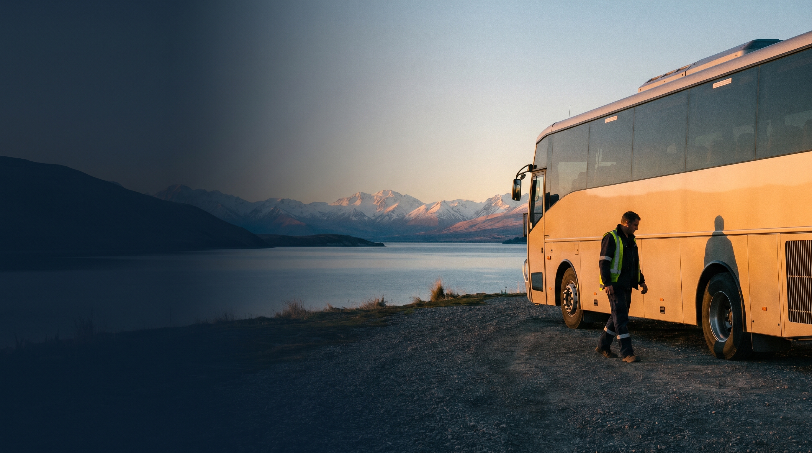 NZ passenger buses on Auckland city route in warm morning light, public transport fleet in motion