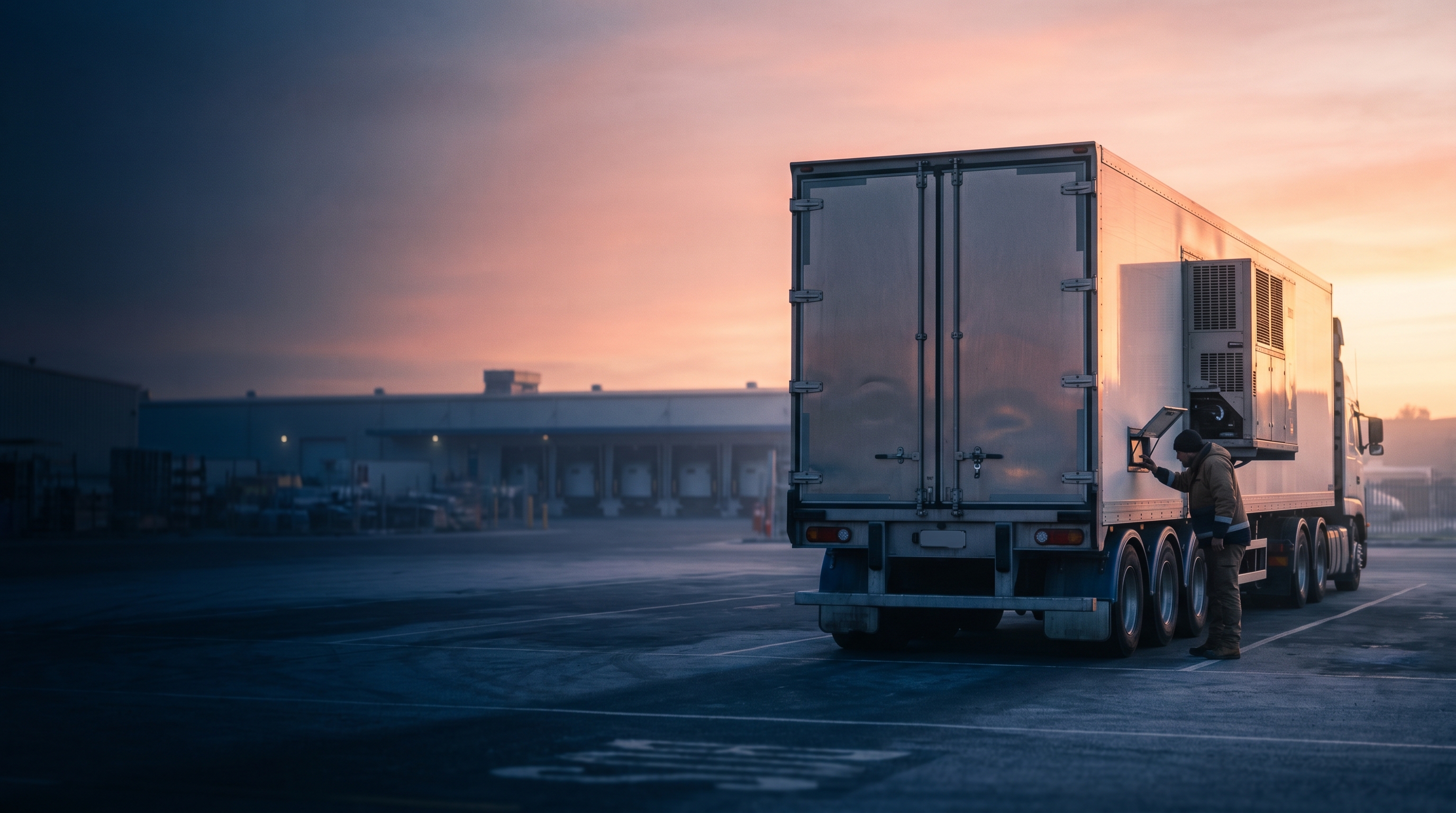 NZ refrigerated reefer truck at cold storage loading dock at dawn, condensation on trailer doors, green NZ hills in background