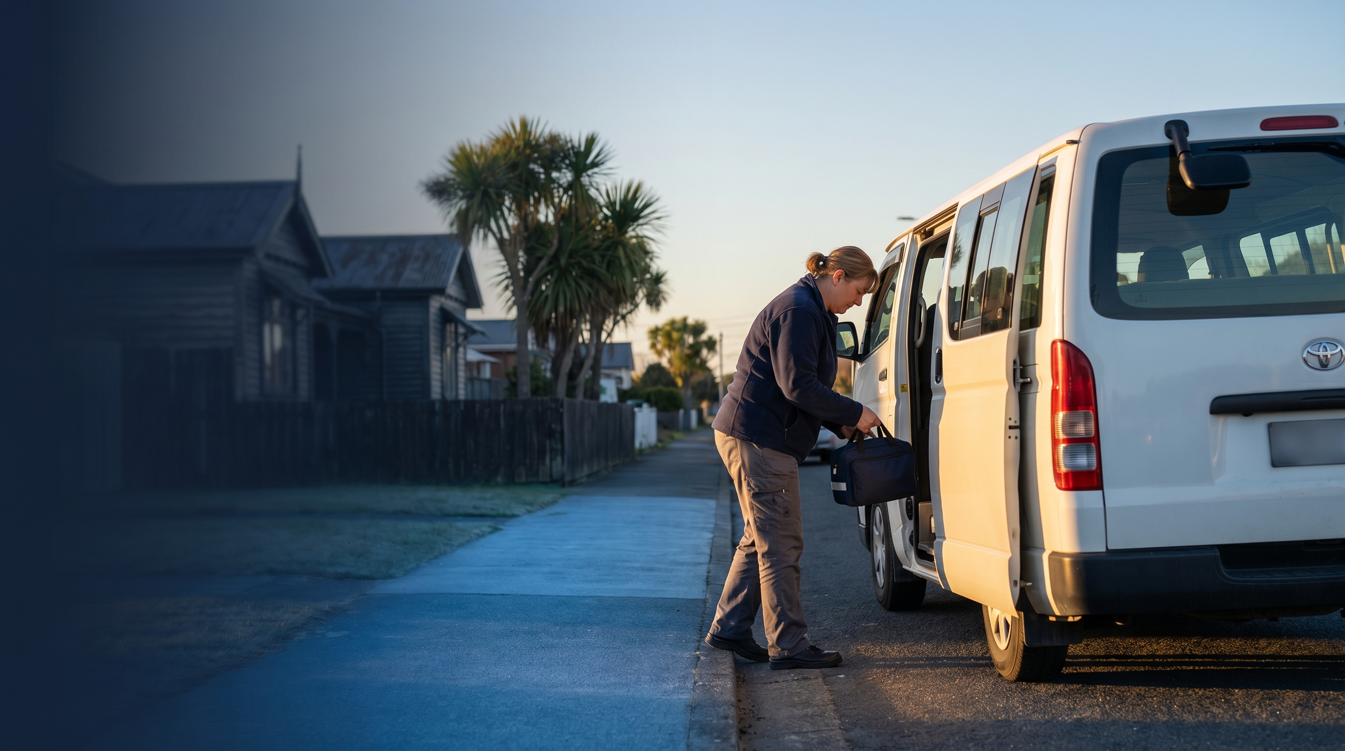 NZ community services vans on a suburban route in warm morning light, home care and disability support fleet operations in New Zealand