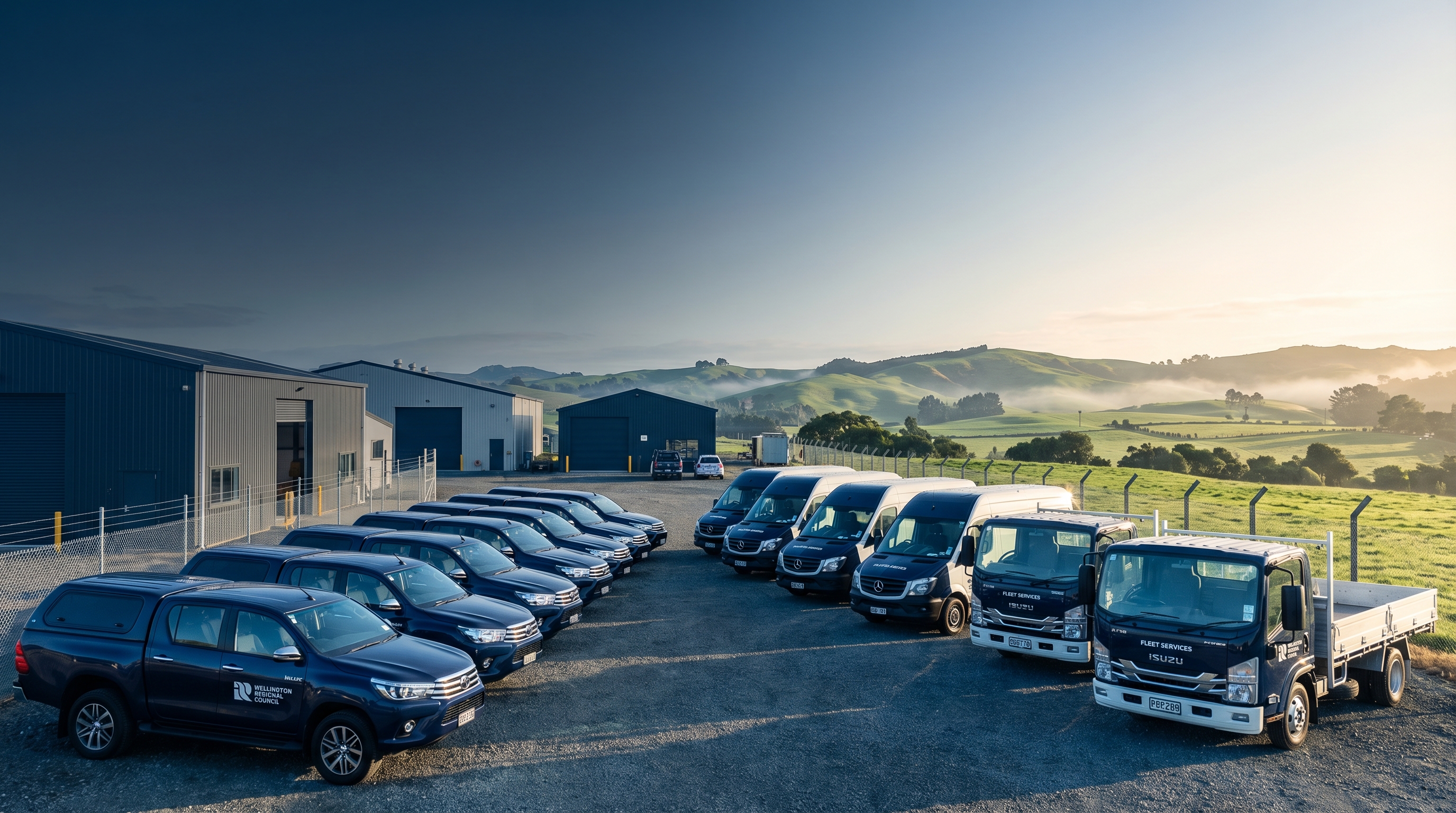 NZ council fleet vehicles including Toyota HiLux utes and maintenance vans parked at a municipal depot in warm morning light with green NZ hills in background