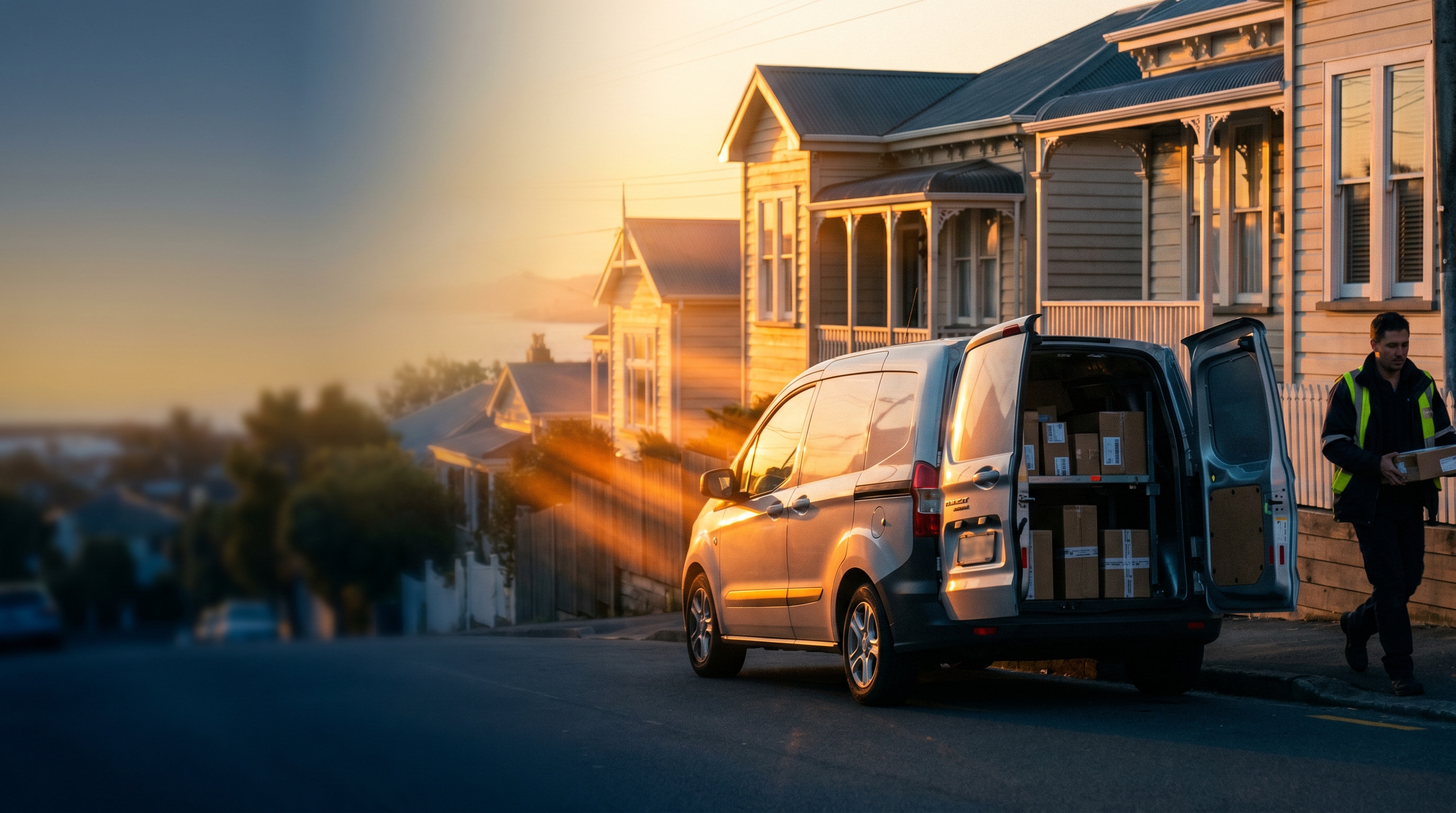 NZ courier van driver loading parcels on suburban street at golden hour, Toyota HiAce delivery fleet in New Zealand residential neighbourhood