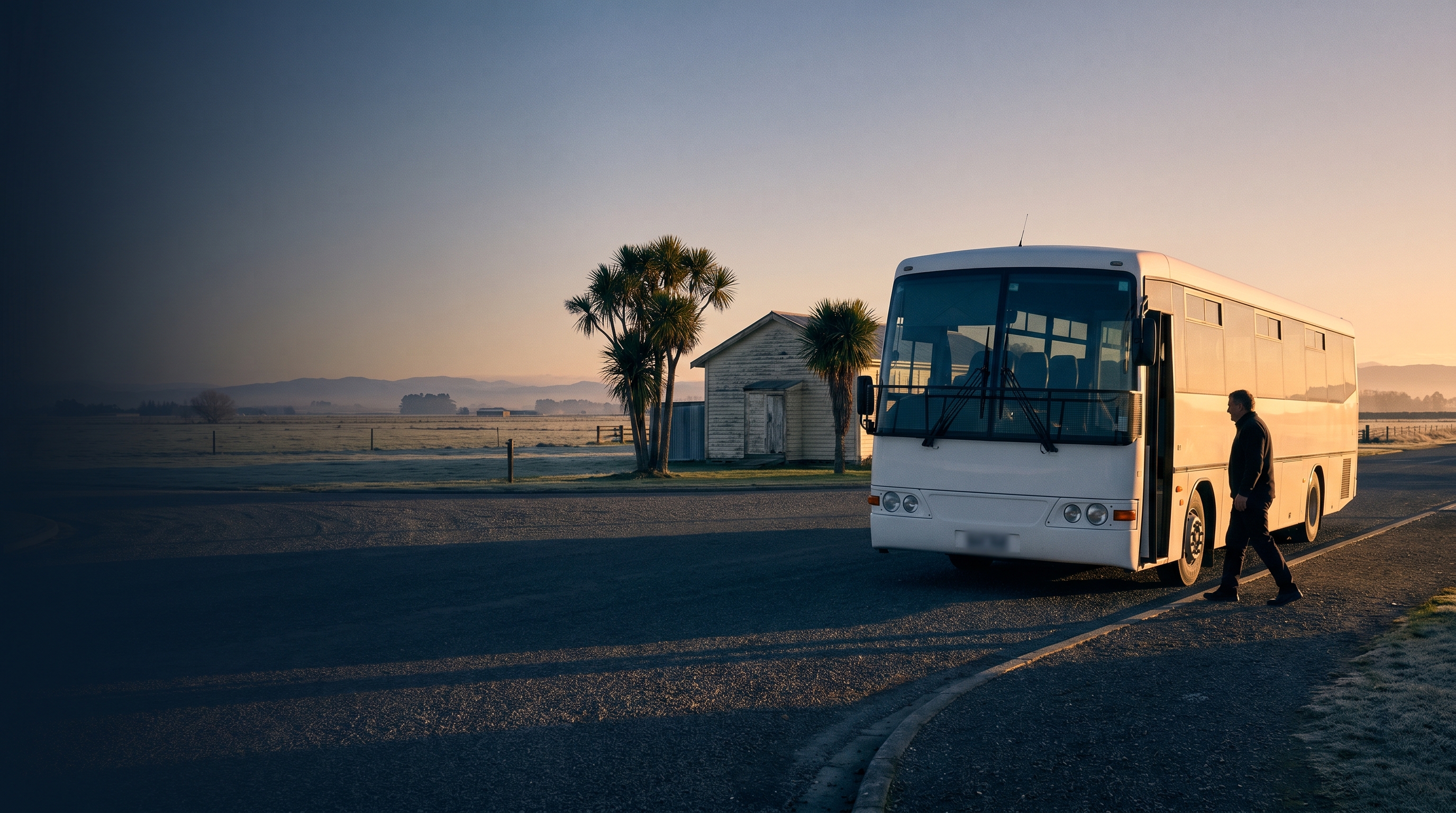 NZ school buses on suburban street at morning golden hour, safe school transport in New Zealand