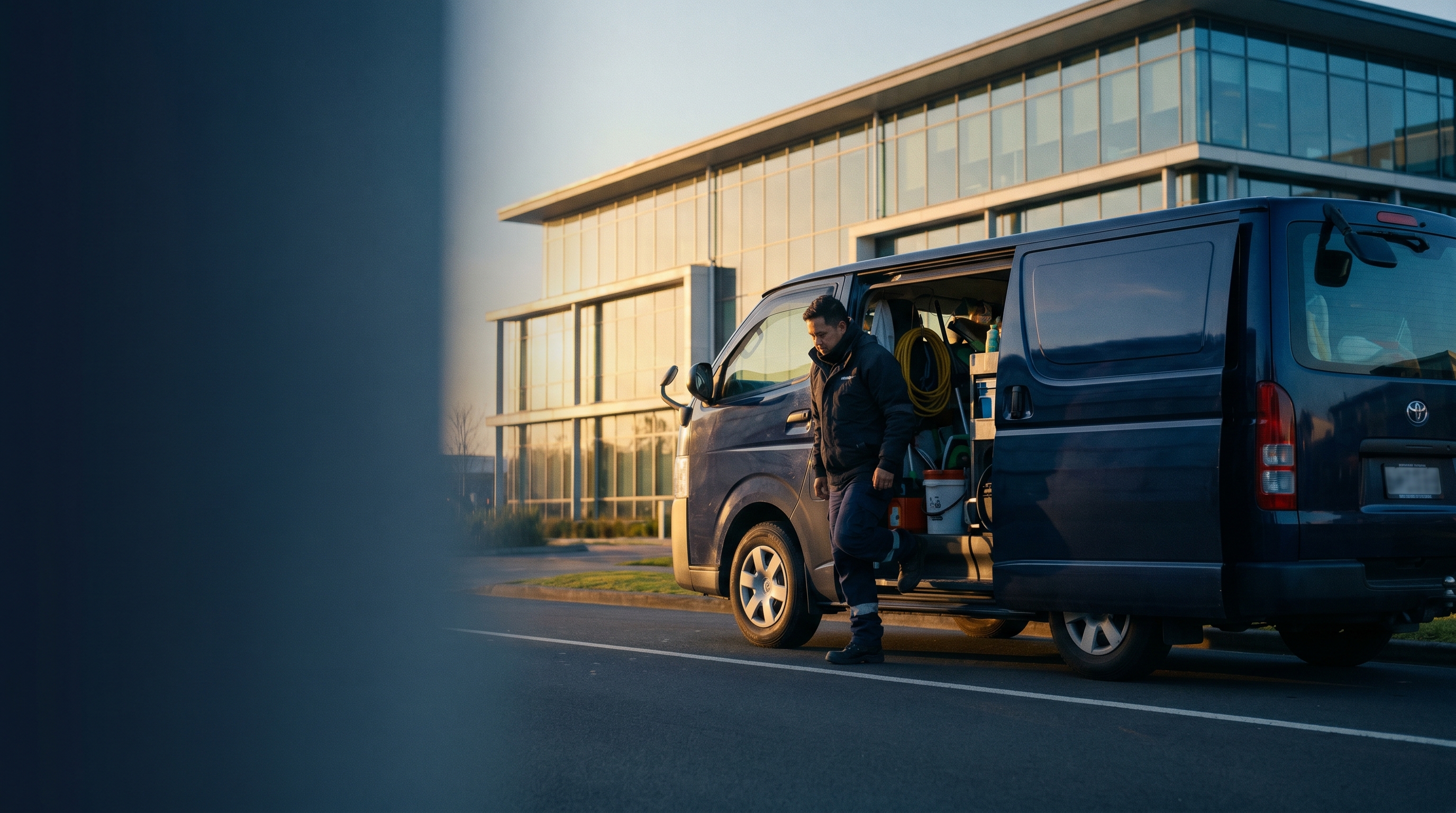 White facilities management service vans at a modern Auckland CBD commercial office building with trees and warm morning light