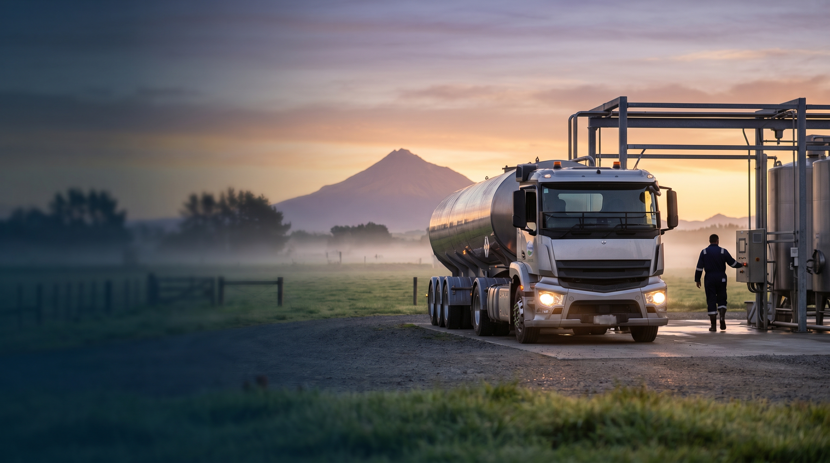 NZ refrigerated food distribution trucks on rural highway through Waikato dairy farm region at dawn, green rolling hills