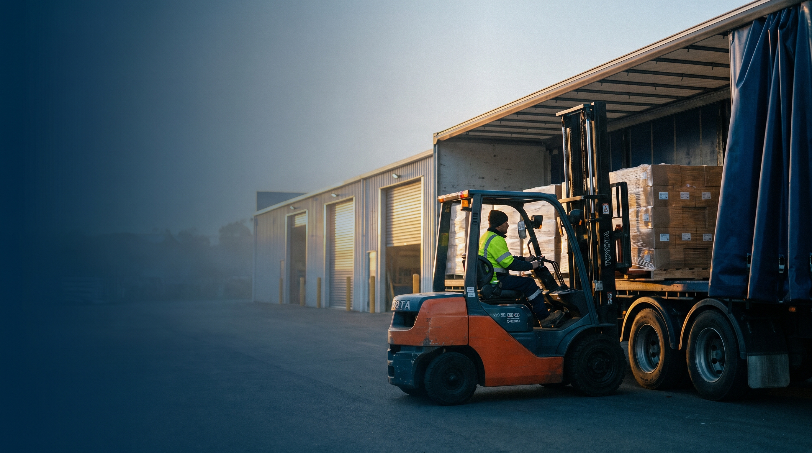 Multiple yellow forklifts operating in a large NZ distribution centre warehouse with hi-vis operators and modern pallet racking systems