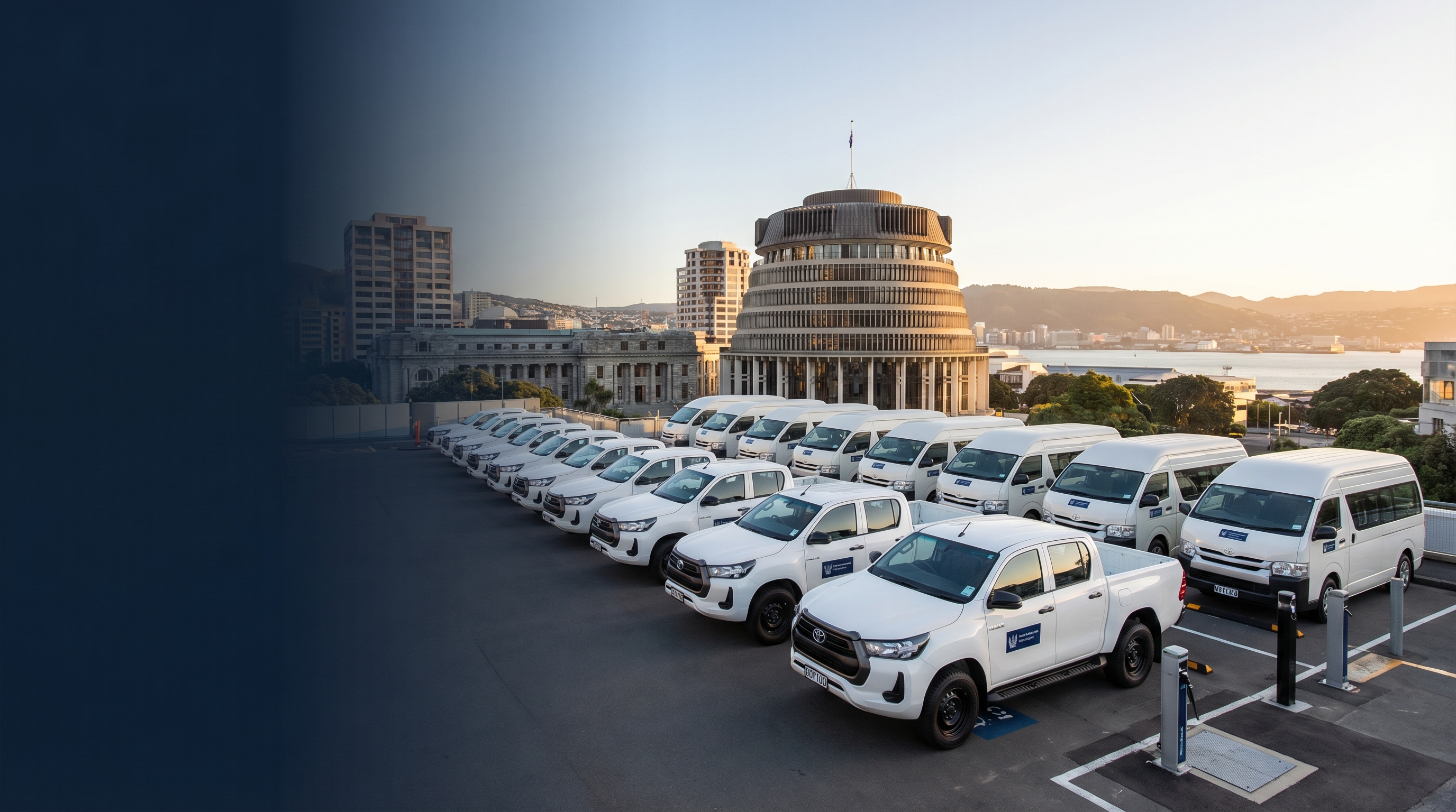 NZ government fleet vehicles including Toyota HiLux utes and HiAce vans parked at Wellington government precinct with Parliament Buildings in background