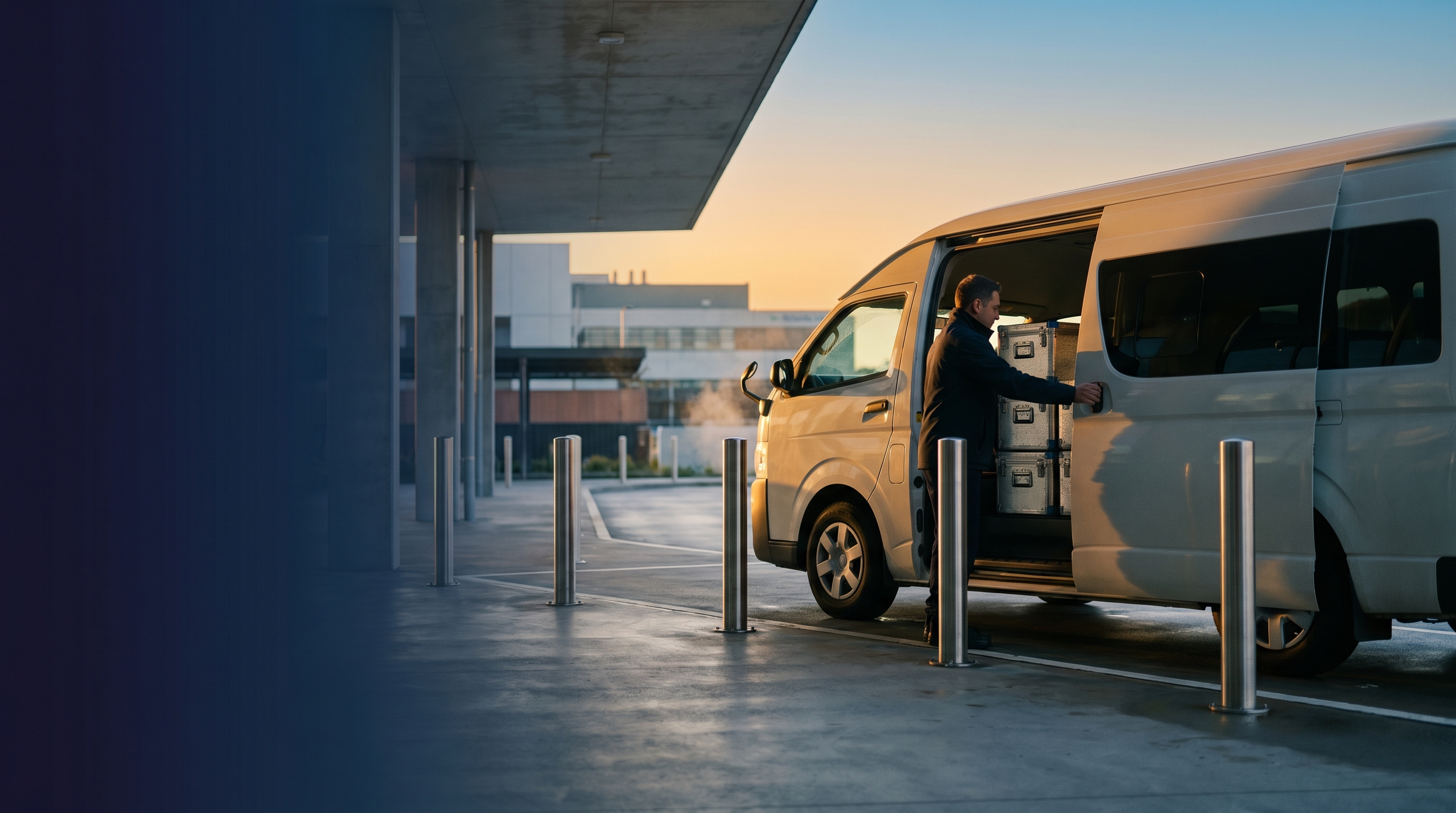 NZ patient transport vans and ambulances at a hospital entrance in warm morning light, healthcare fleet in professional medical setting