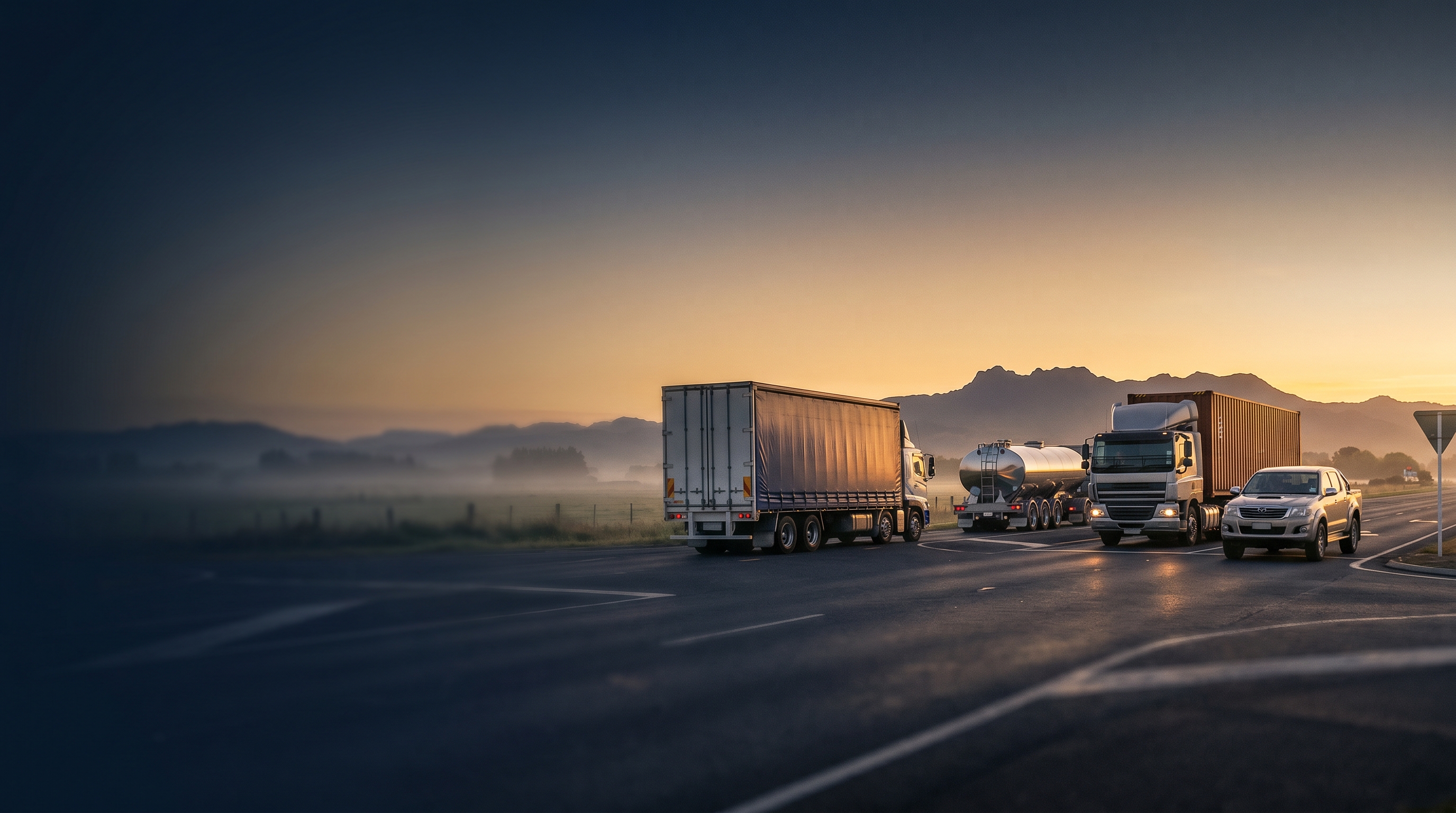 Diverse NZ industry fleet vehicles on roads — Hino trucks on Auckland motorway, Toyota Hilux utes on rural state highway, vans in suburban New Zealand