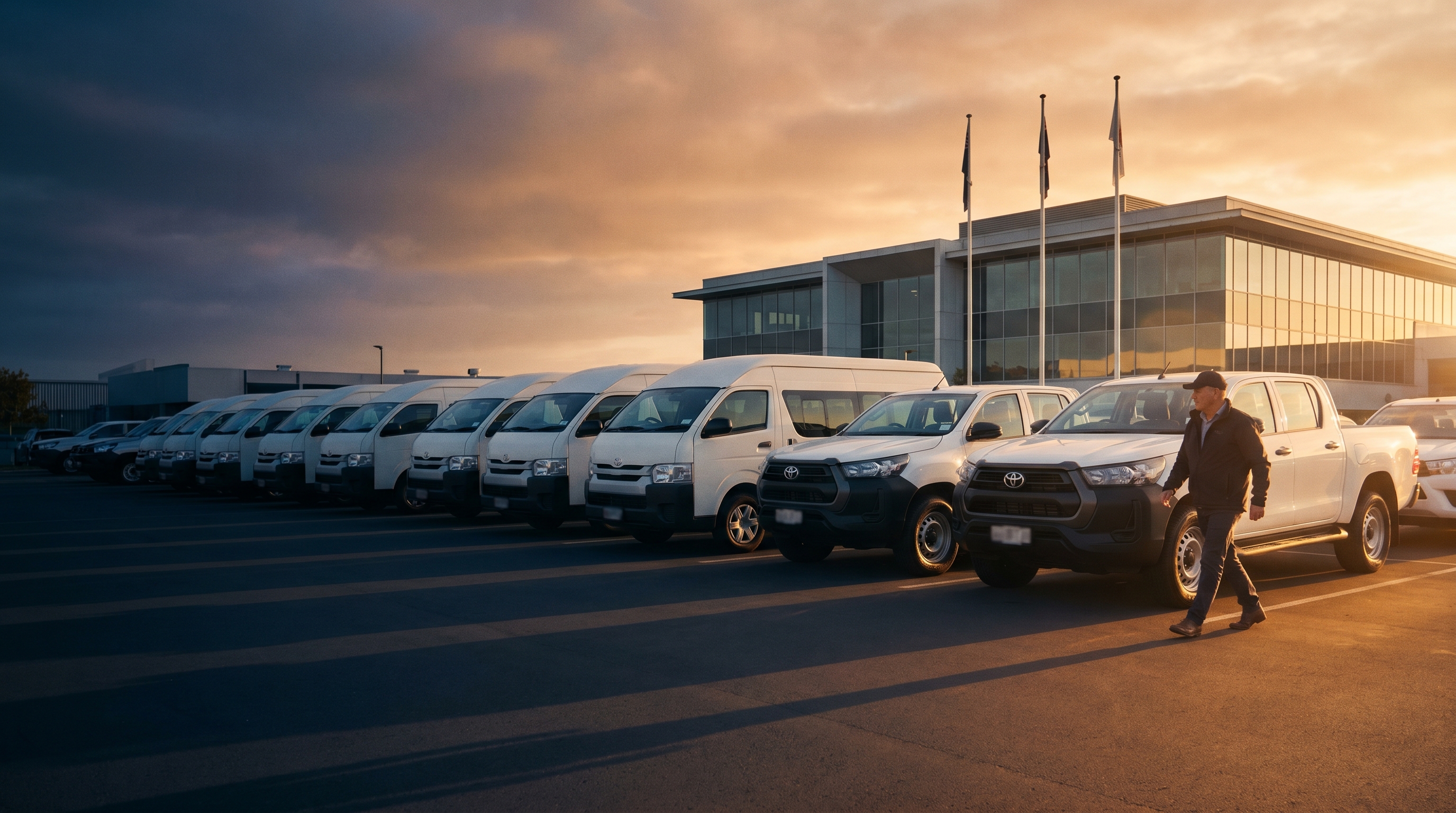 NZ corporate lease fleet vehicles parked at modern Auckland business park at golden hour, professional sedans and SUVs in foreground