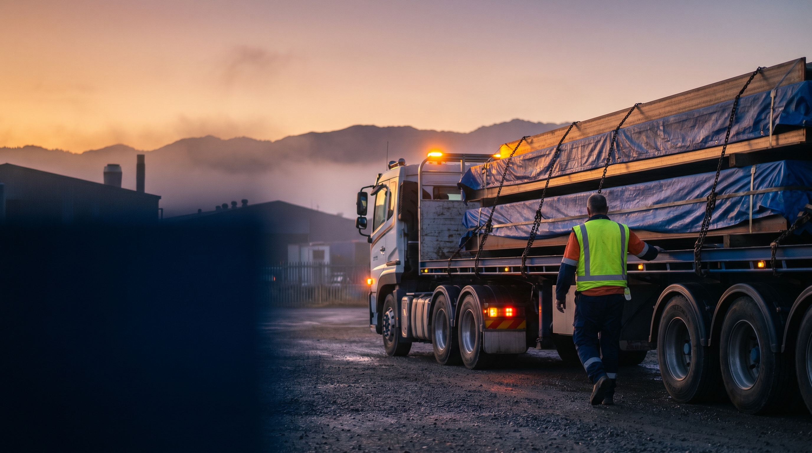 Aerial view of NZ manufacturing facility with Hino distribution trucks at loading dock and yellow forklifts in foreground, green hills beyond facility fence