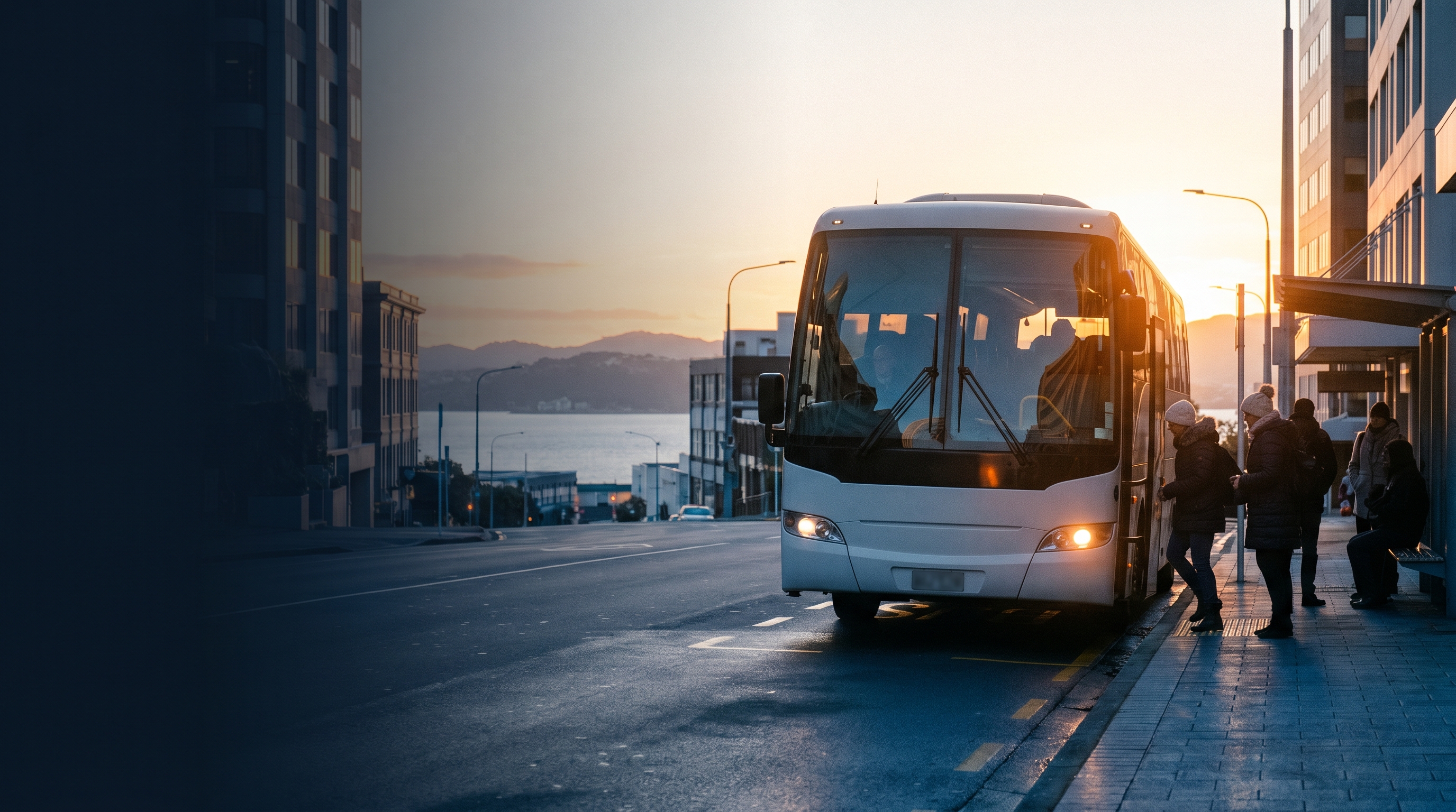 NZ public transit buses on Auckland city streets at golden hour, passenger transport fleet in motion