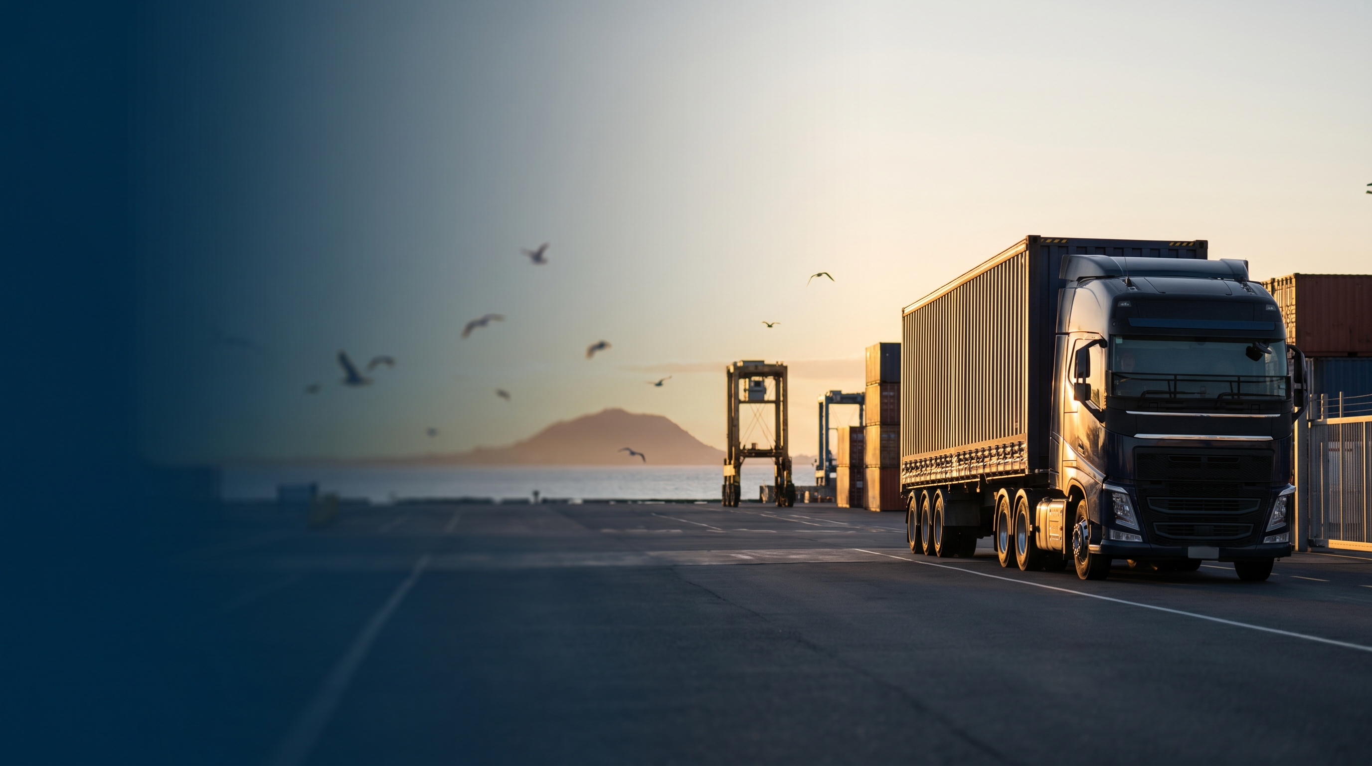 Container terminal at NZ port at golden hour with straddle carriers, container stacks, and terminal tractors at gate queues