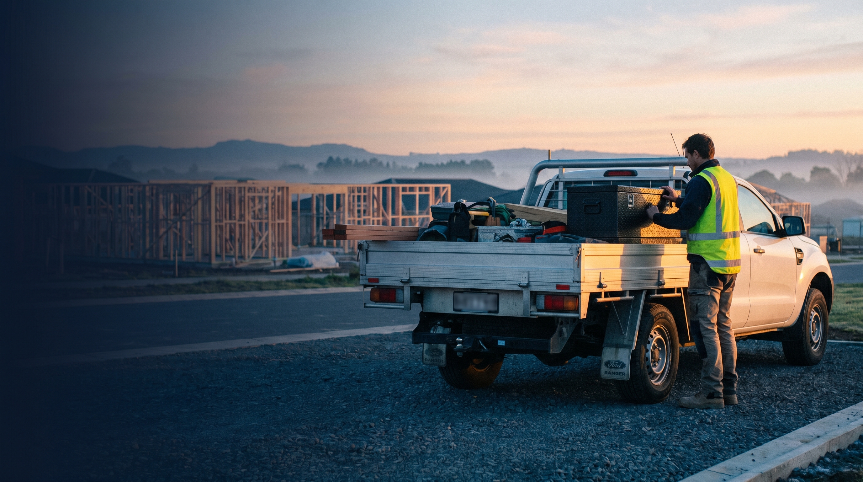 Ctrack-tracked tradie vans and utes at a residential job site in suburban New Zealand, green garden setting