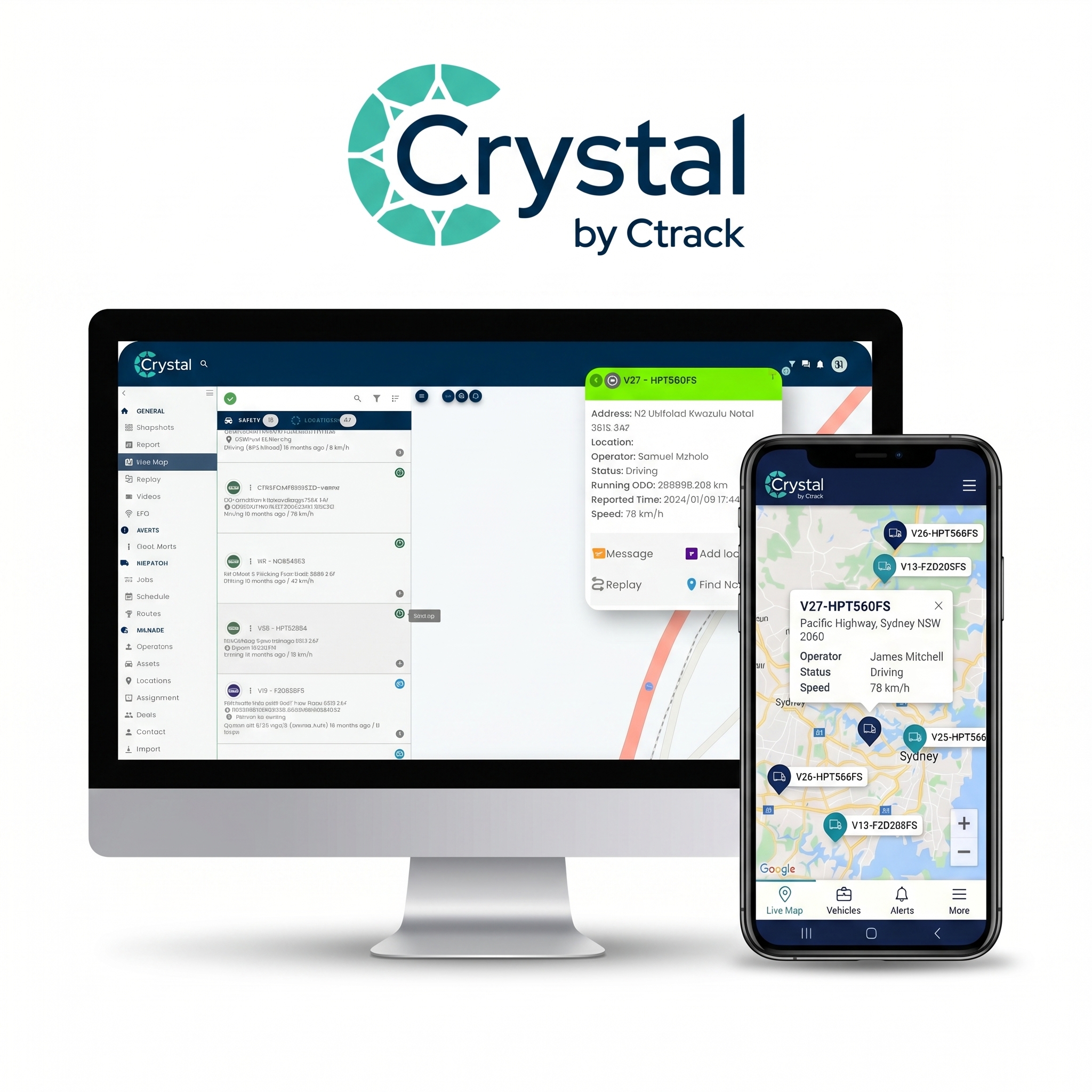 Crystal by Ctrack desktop dashboard and mobile app showing a live New Zealand fleet map