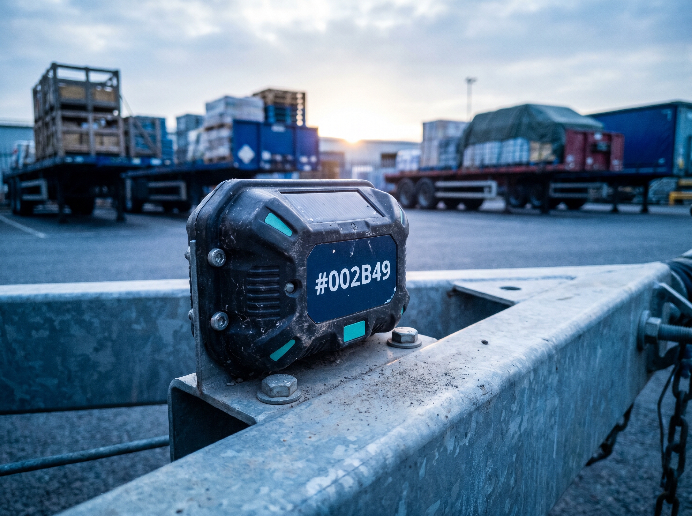Close-up of a battery-powered Ctrack asset tracking beacon mounted on a trailer A-frame