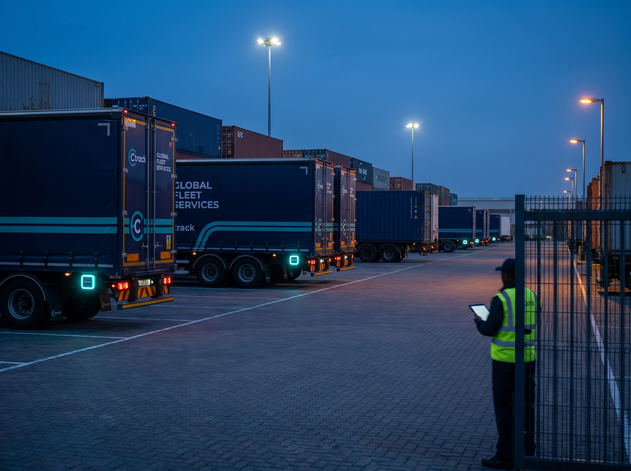 Powered and non-powered trailers in an overnight yard with Ctrack asset beacons visible