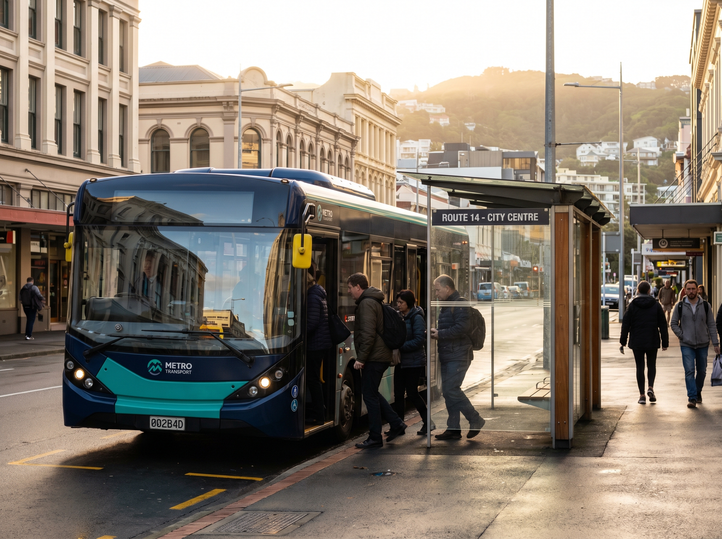 City bus at a New Zealand bus stop with passengers boarding in the morning light