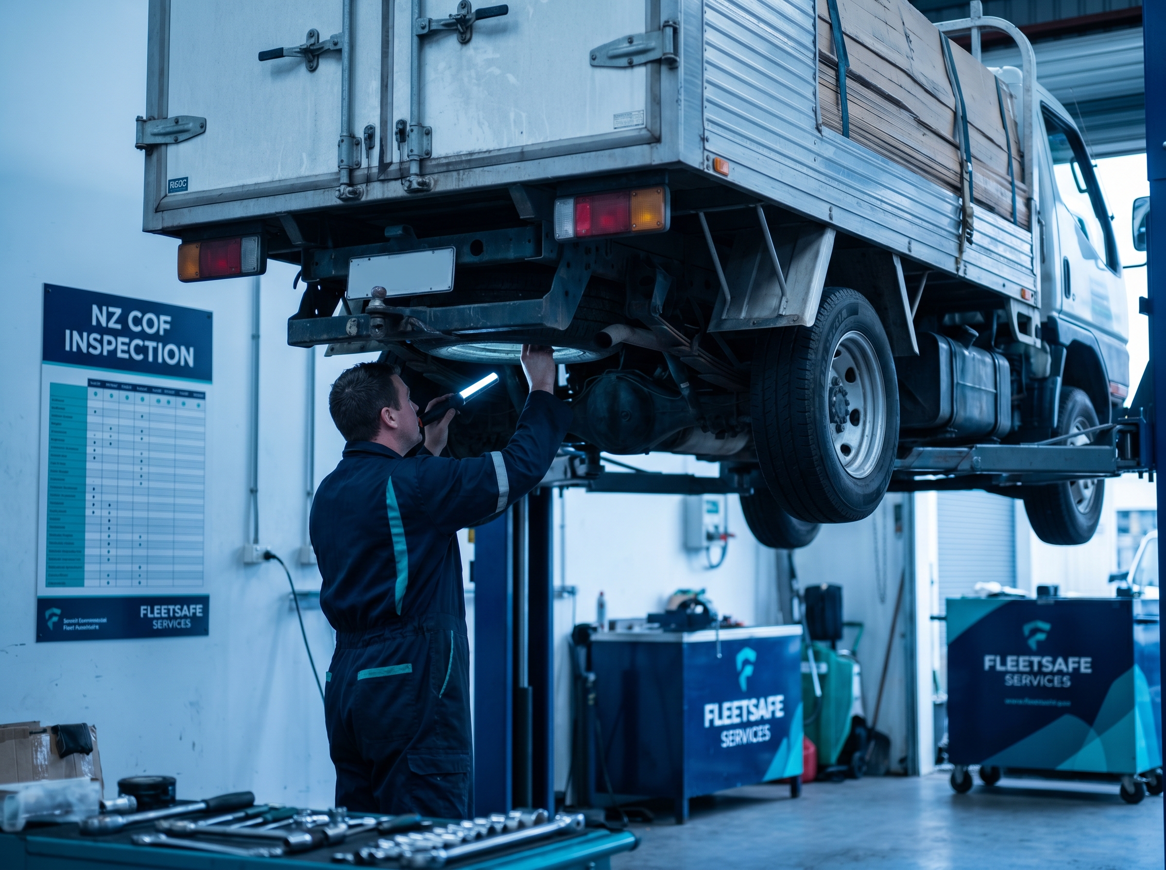 Light commercial vehicle on a workshop hoist during a Certificate of Fitness inspection at a New Zealand garage