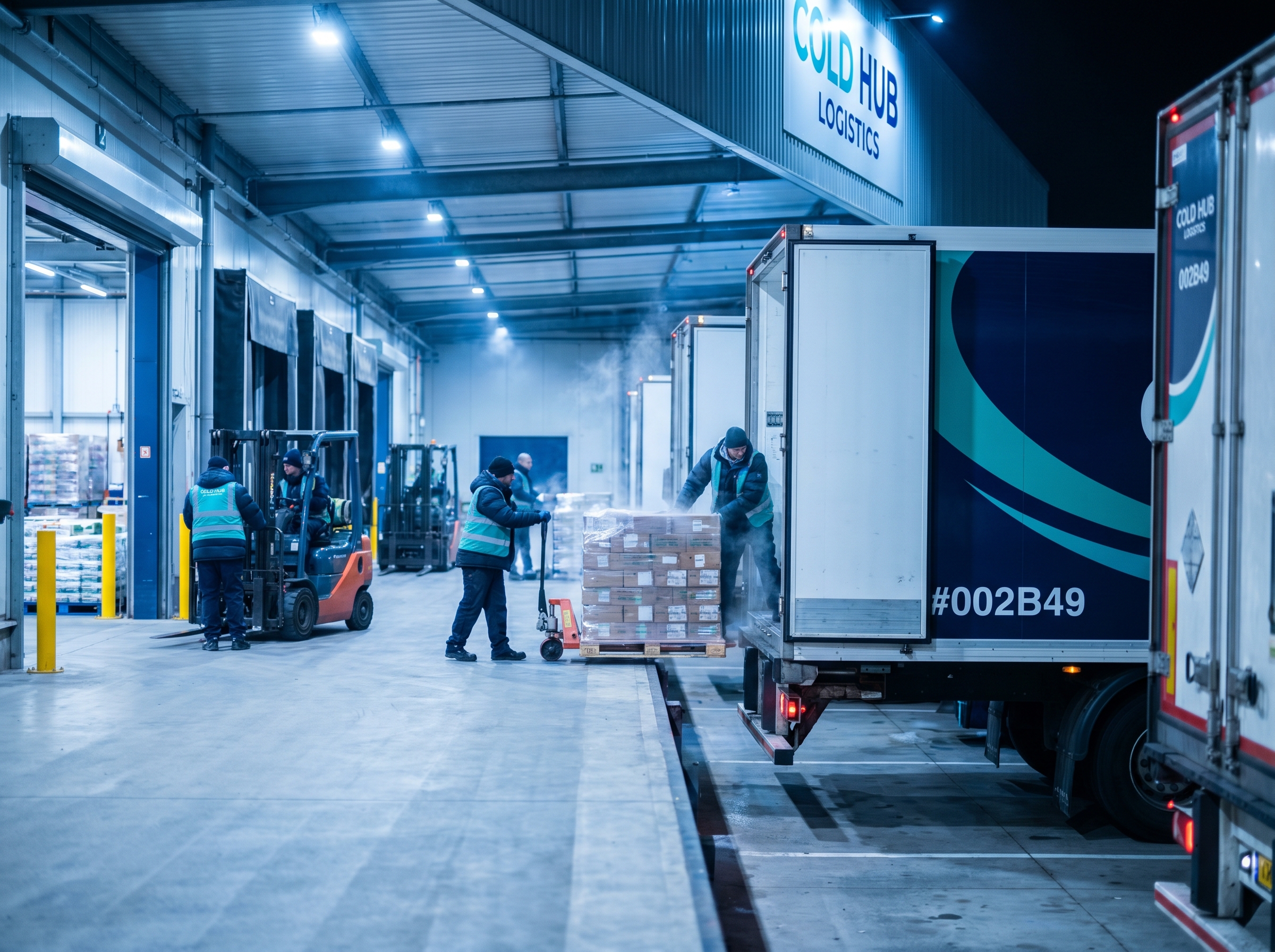 Refrigerated distribution centre loading dock with cold-chain trucks docked and pallets being loaded