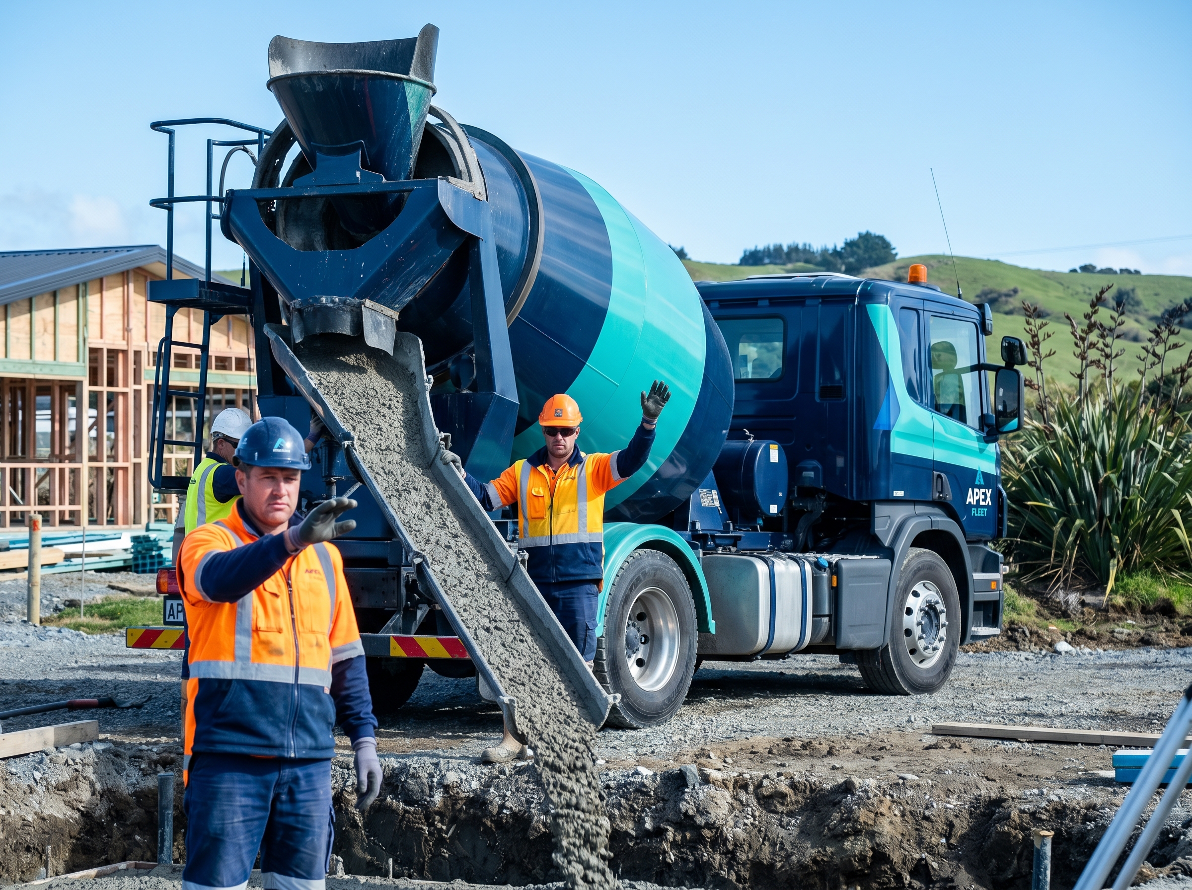 Concrete mixer truck pouring into a foundation with crew in hi-vis directing on a New Zealand build site