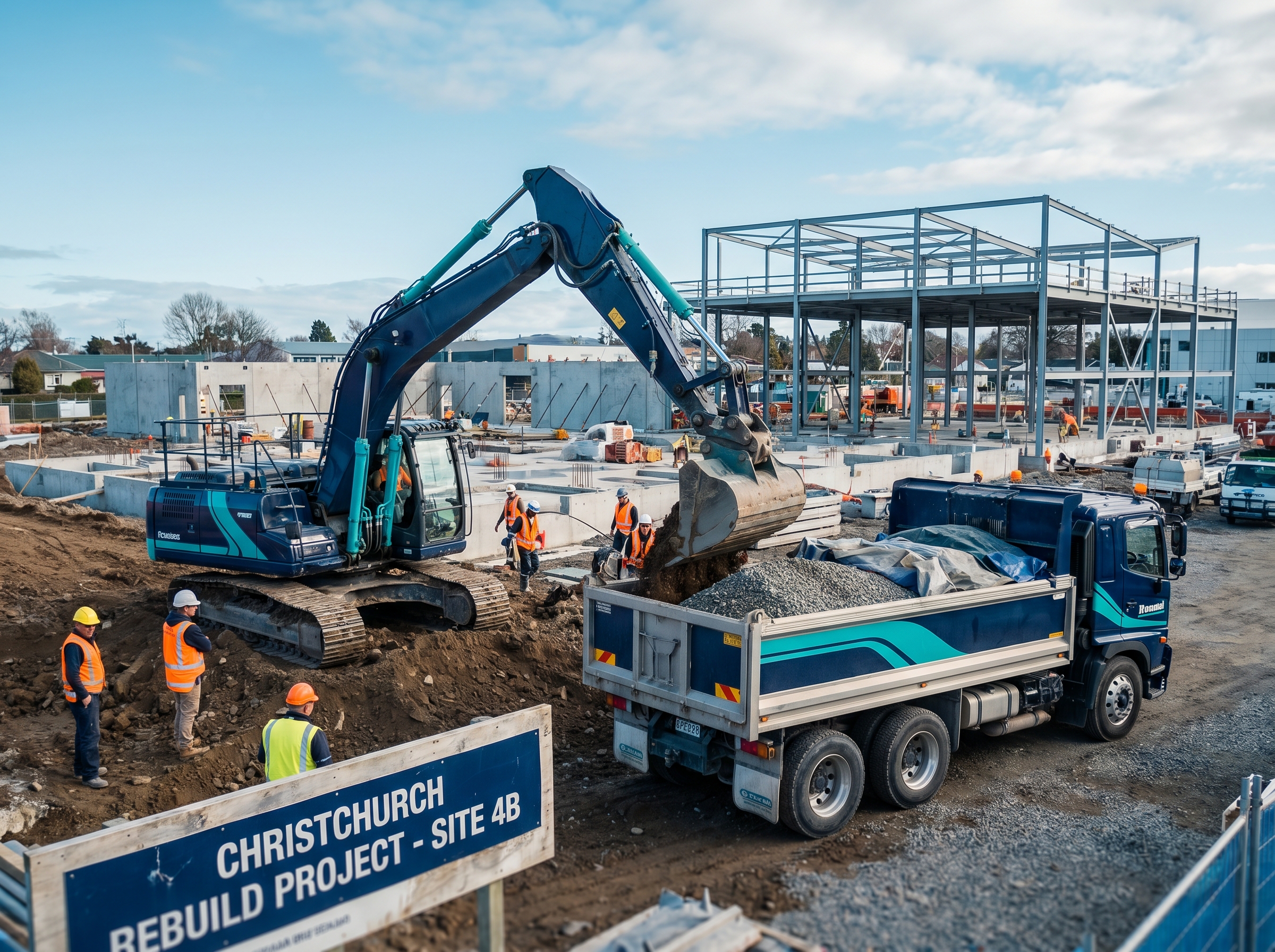 Excavator and tip truck actively working on a Christchurch-style construction site