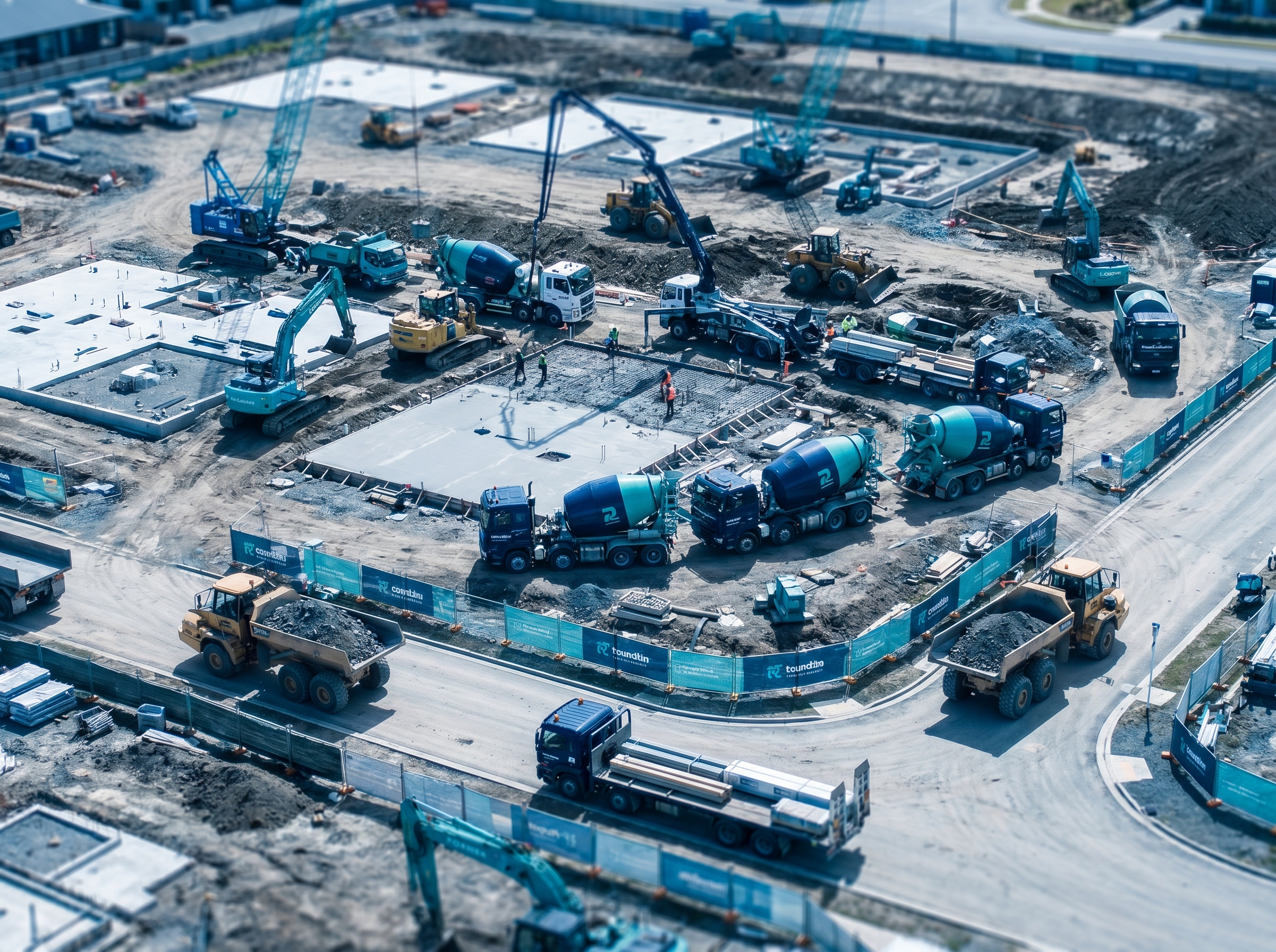 Aerial-style view of a New Zealand construction site with plant equipment, concrete pour area and delivery trucks