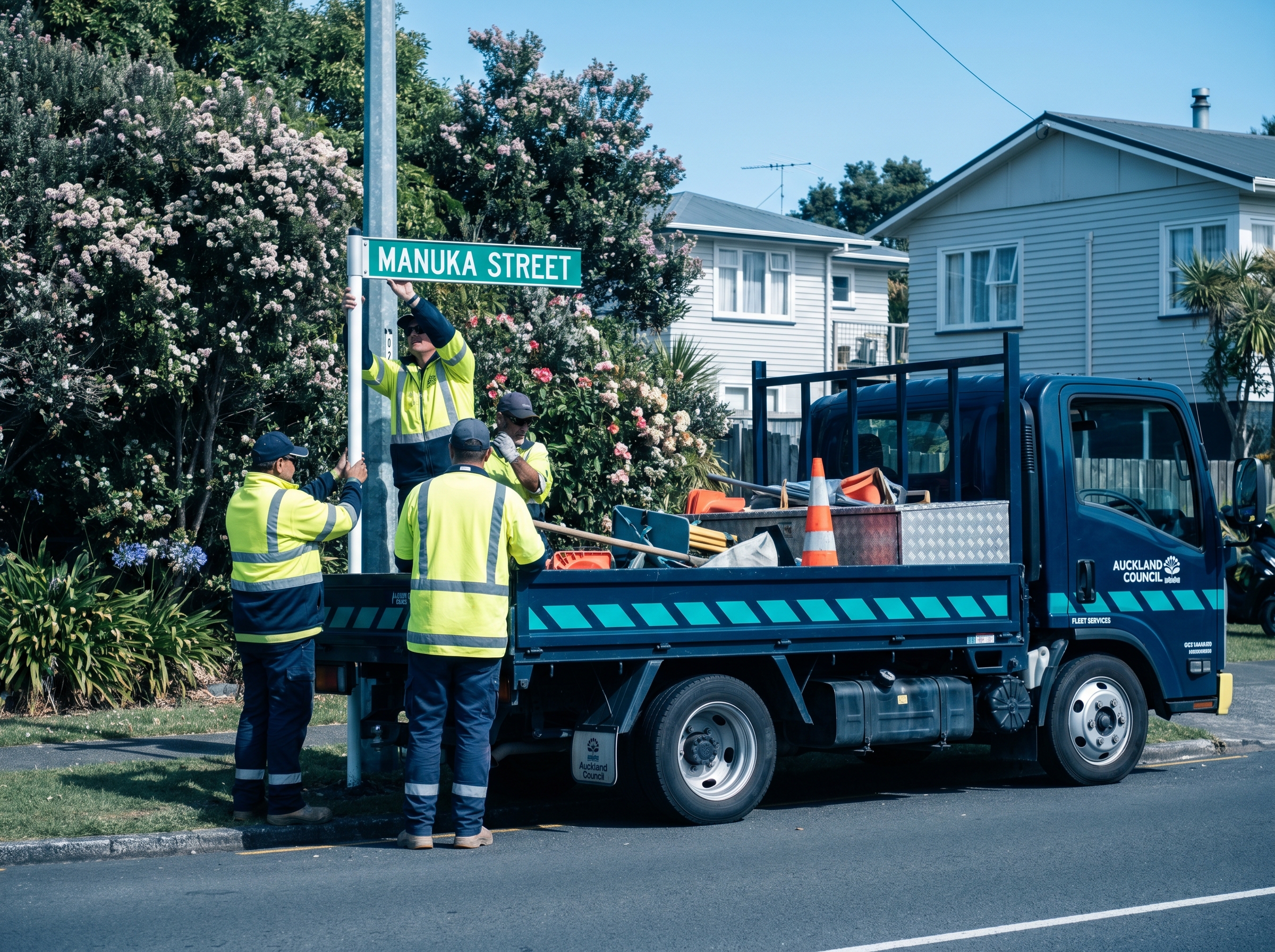 Council maintenance crew installing street signage in a New Zealand suburb with a council truck parked nearby