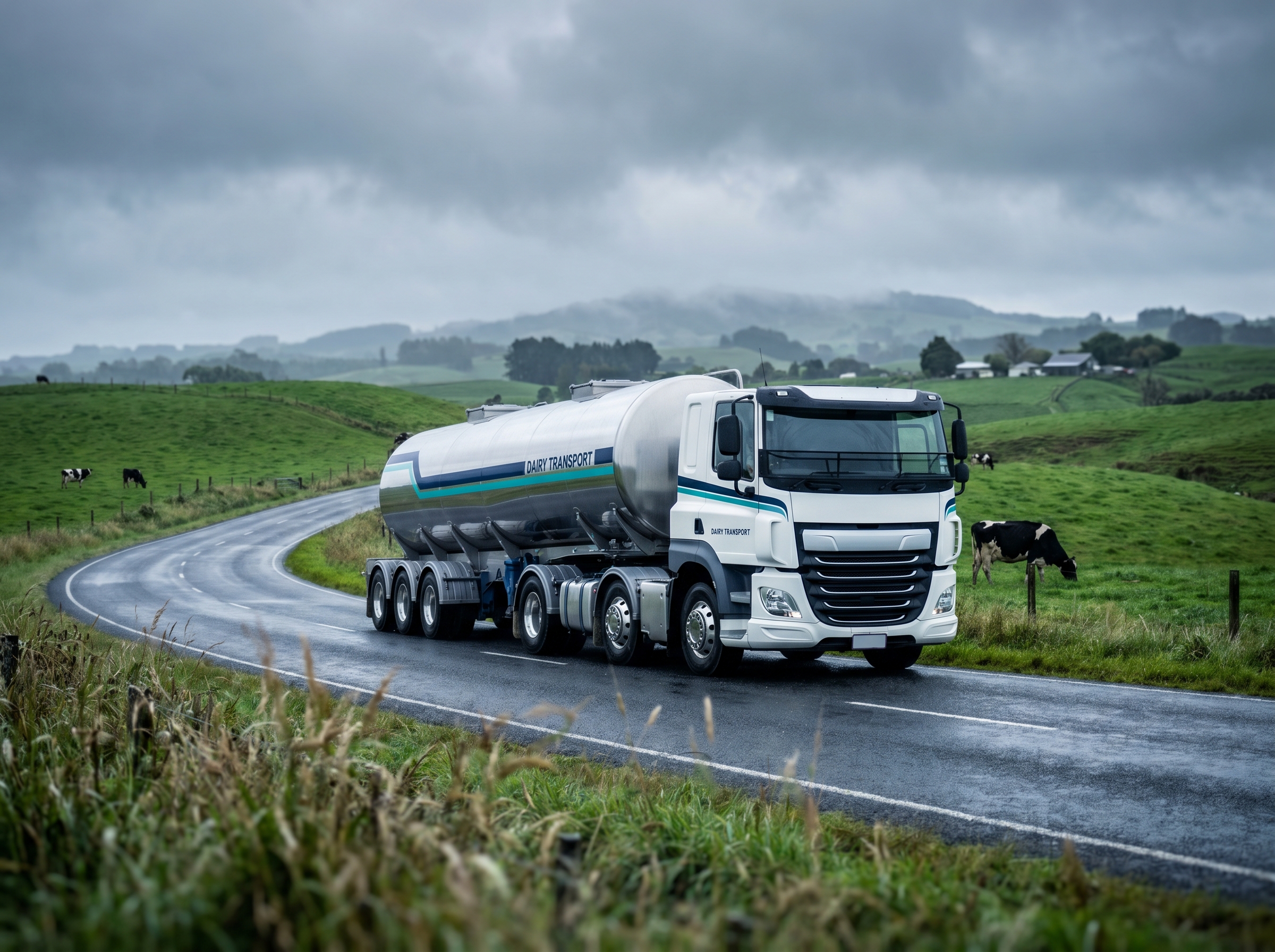 Chrome dairy tanker on a rural Waikato road between green dairy paddocks on an overcast morning