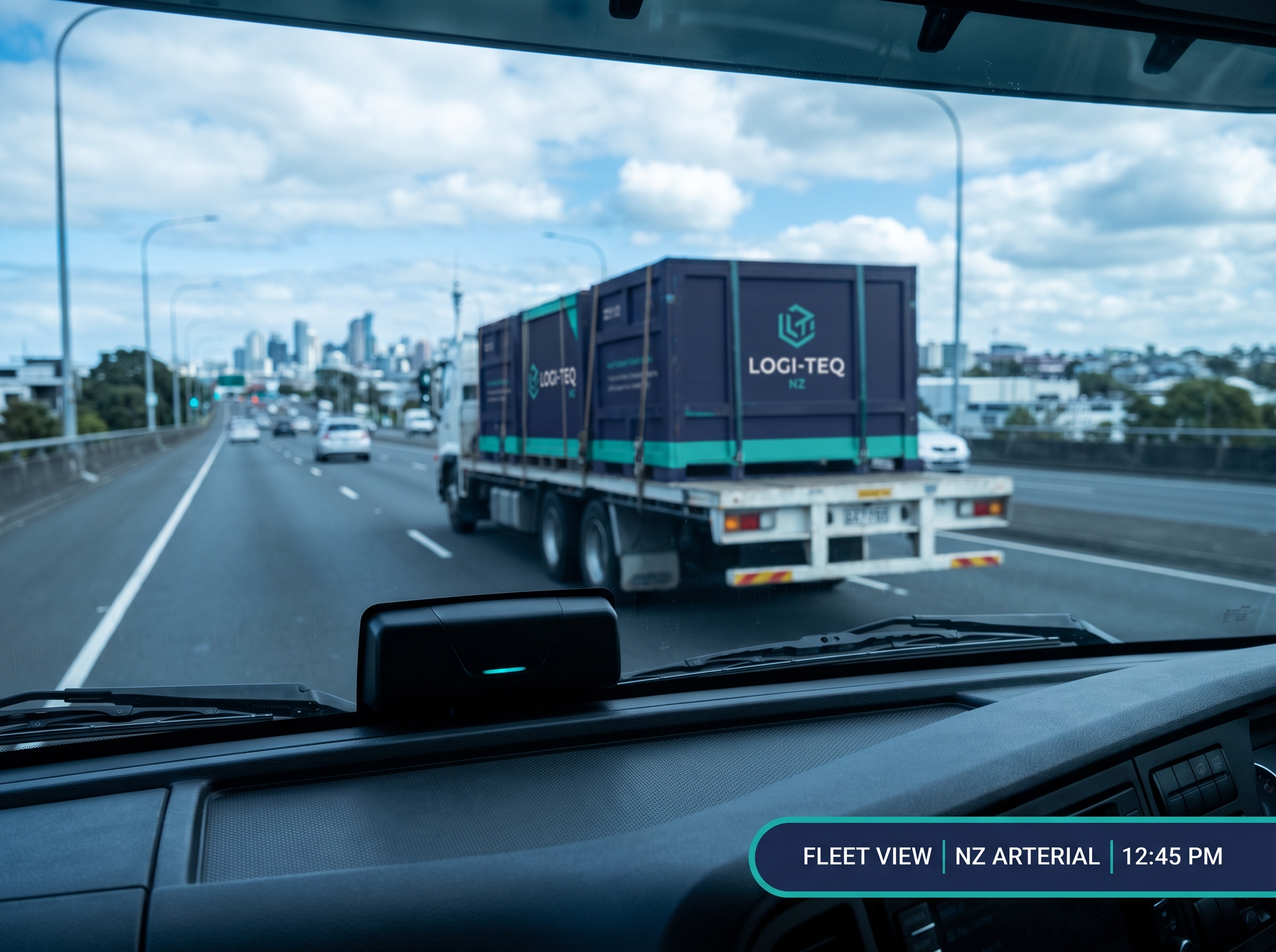 AI dashcam mounted behind a truck windscreen showing a New Zealand urban arterial view through the glass