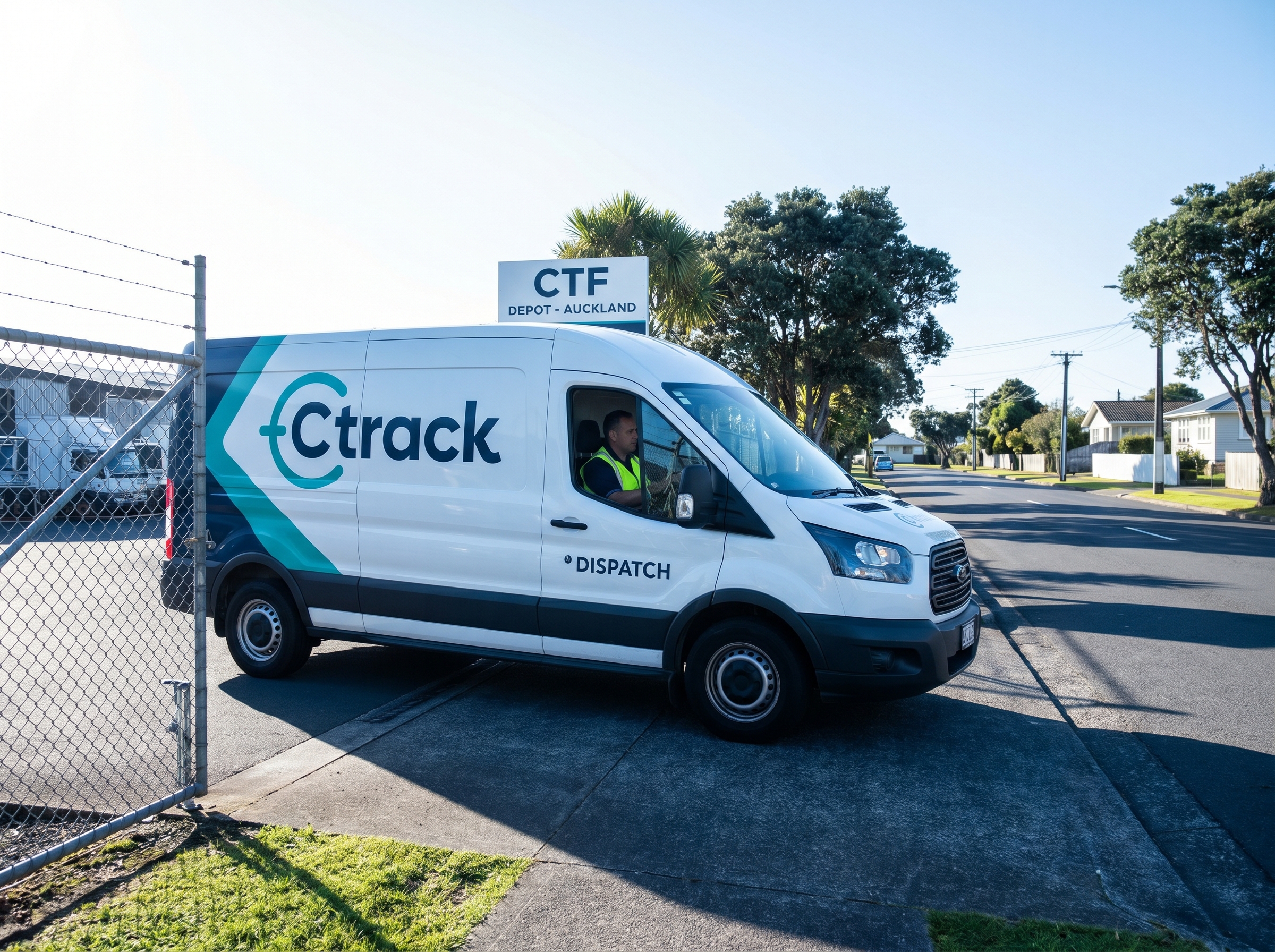 Ctrack-tracked dispatch van leaving a depot in a New Zealand suburb on a clear morning