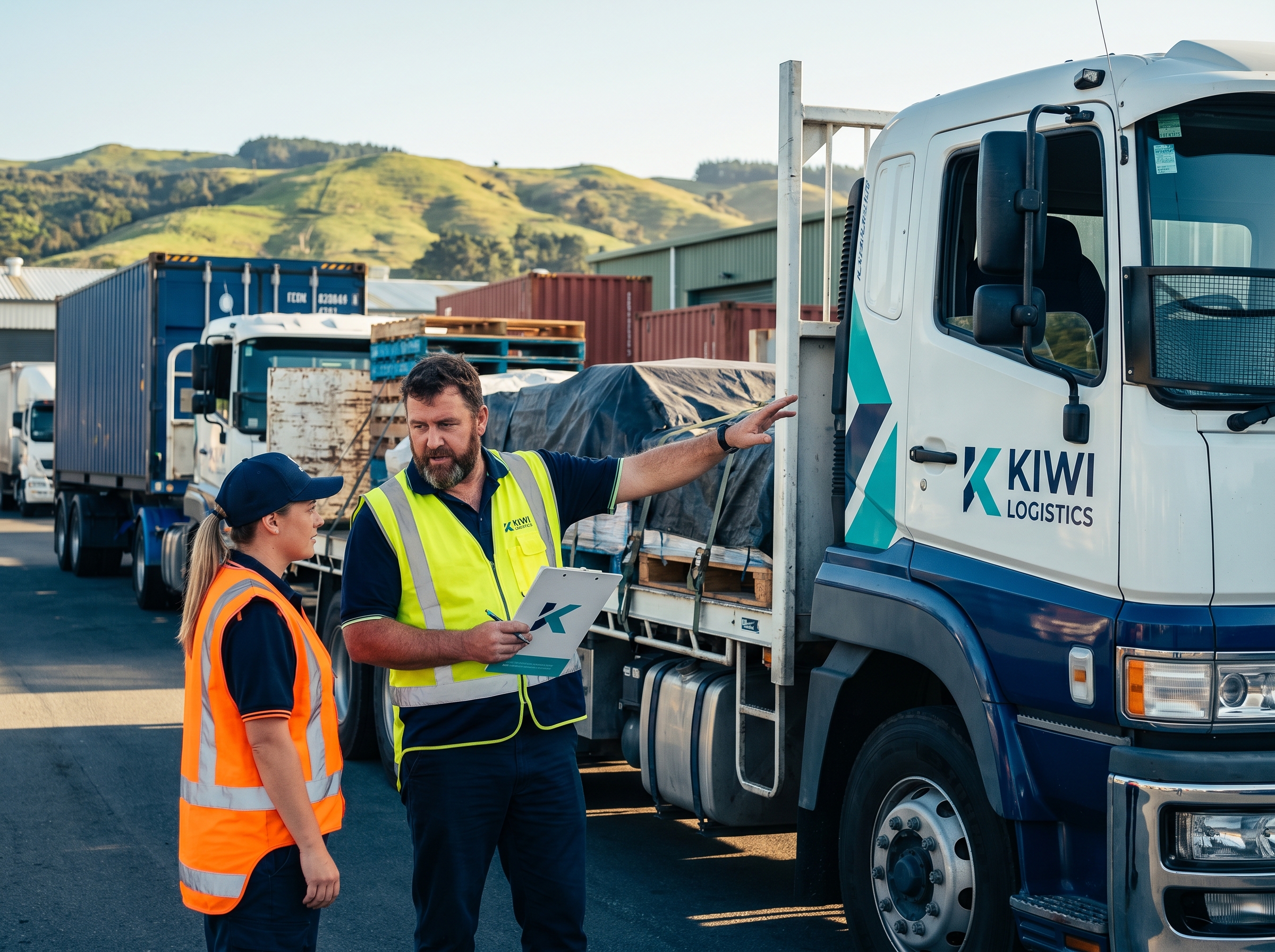 Fleet supervisor and driver in hi-vis discussing a coaching report beside a parked Ctrack truck
