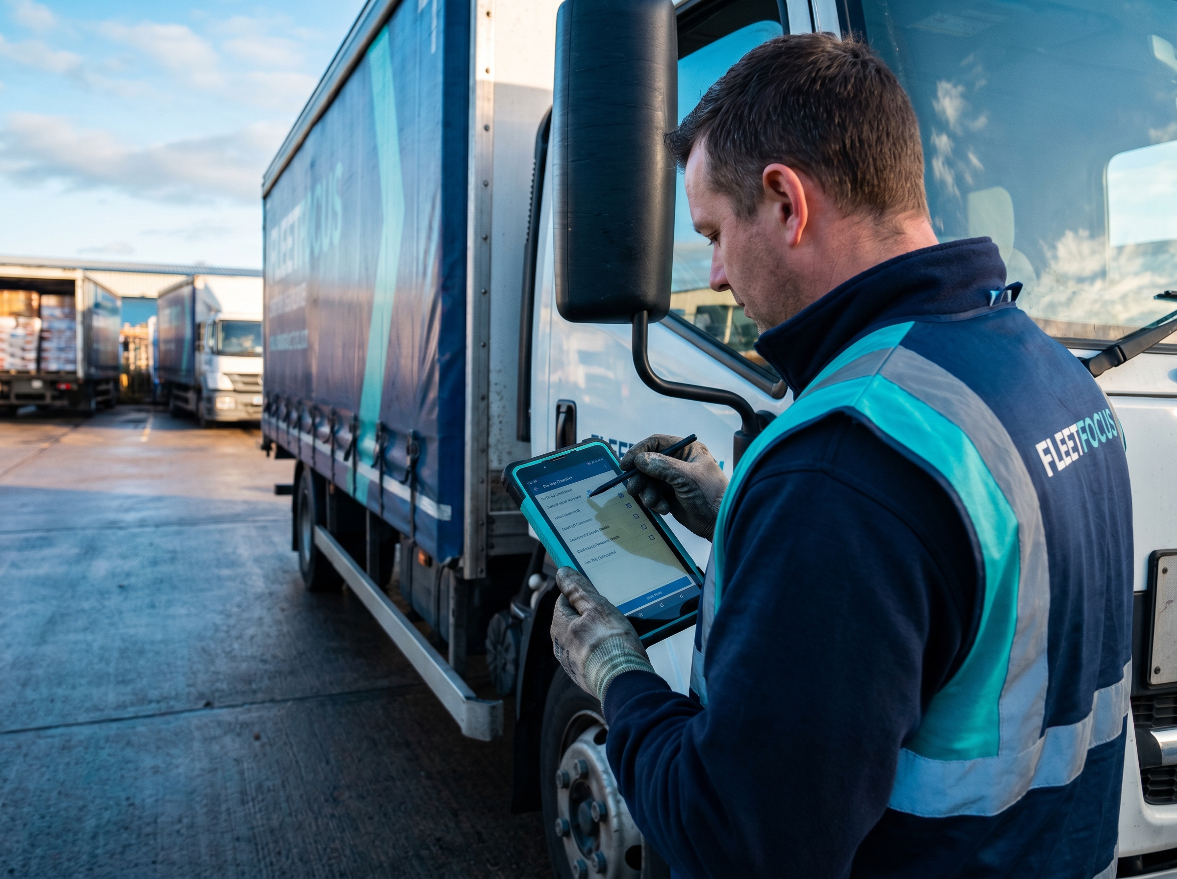 Fleet driver in hi-vis ticking off a pre-trip checklist on a tablet beside a parked truck