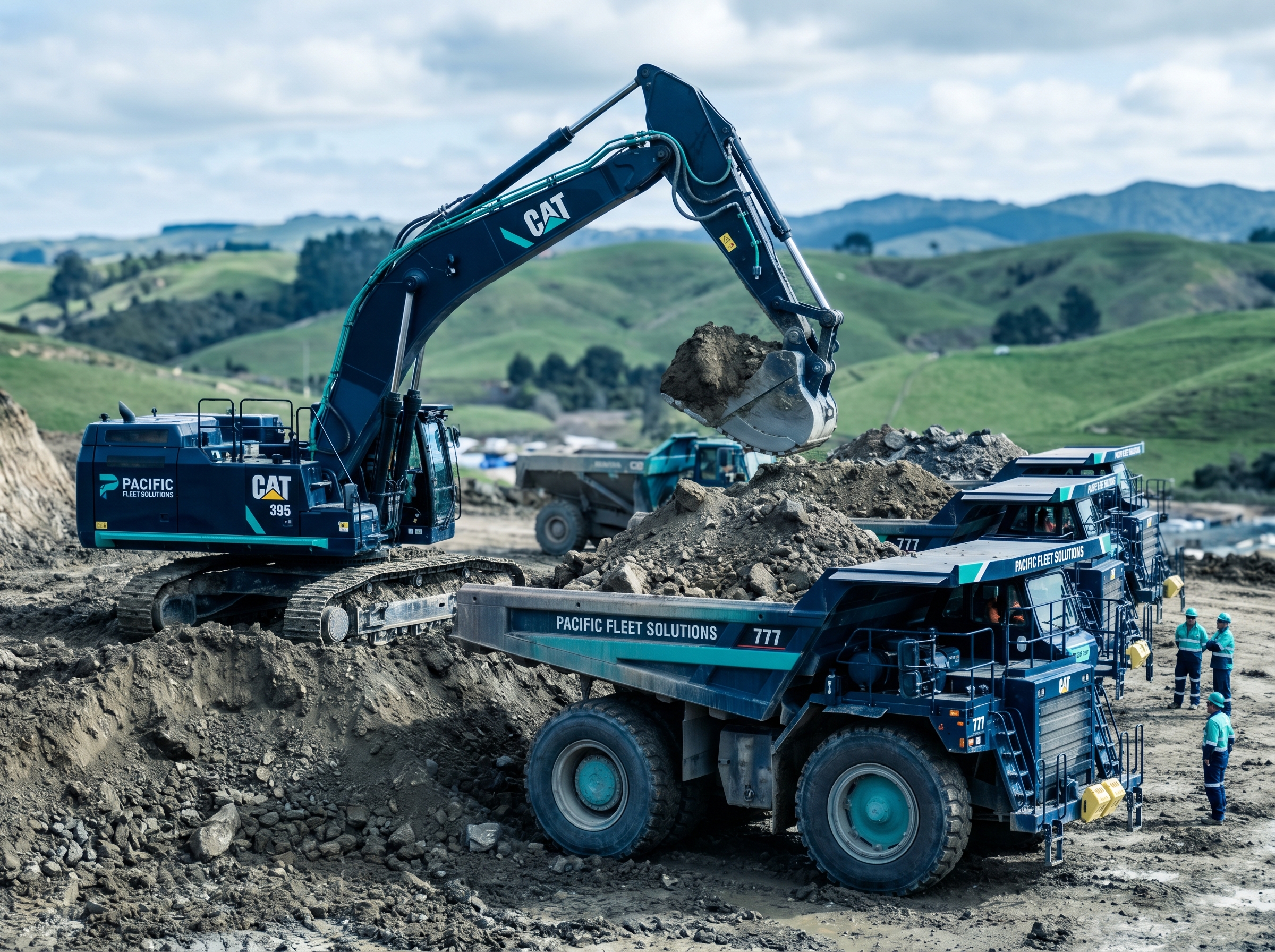 Large excavator working at a New Zealand worksite with loaded haul trucks waiting