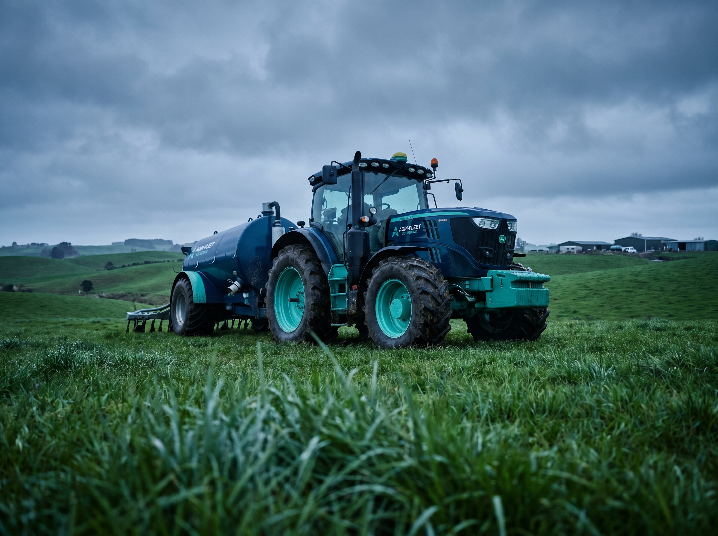 New Zealand farm tractor with a slurry tanker working a green Waikato paddock