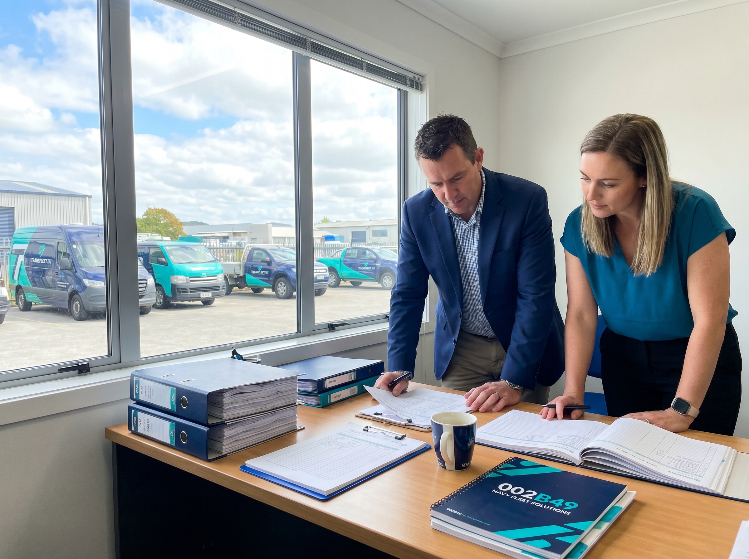 Fleet manager and auditor reviewing records on a depot office desk with vehicles visible through the window