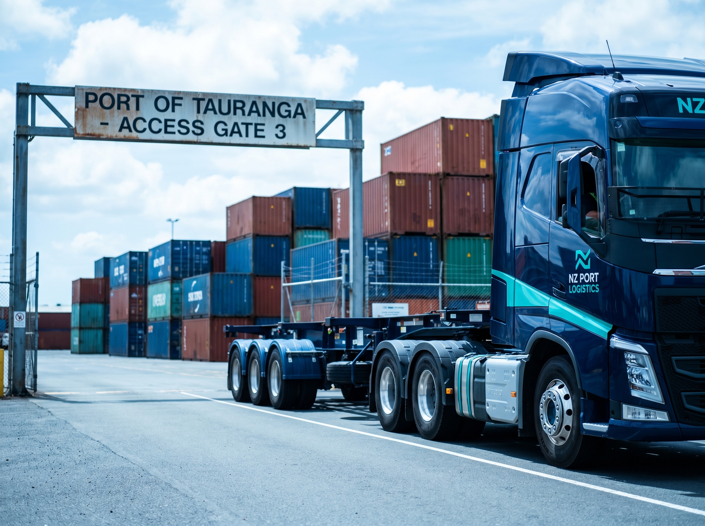 Container skeletal trailer on port access road approaching a New Zealand port gate with stacked containers behind