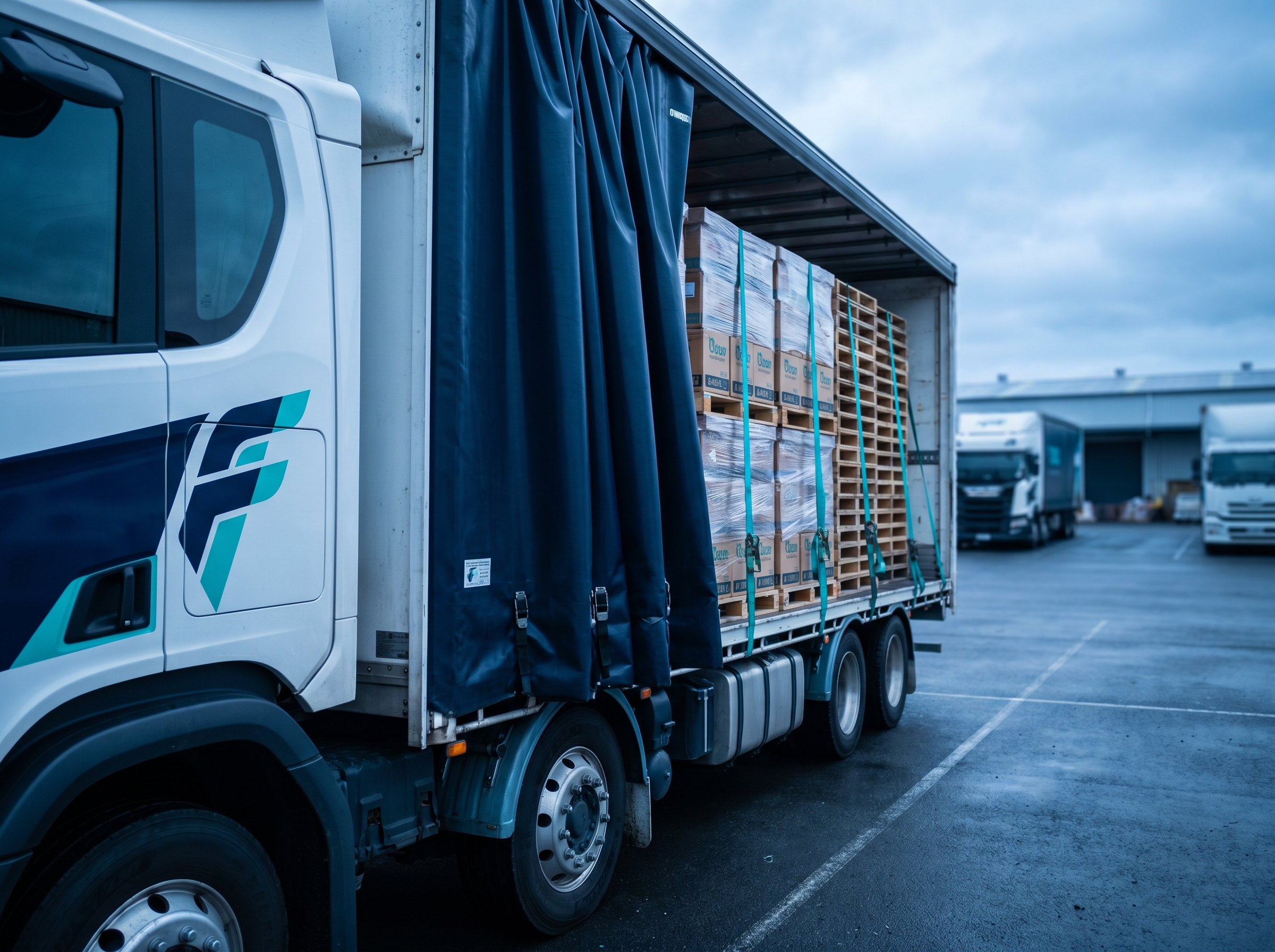 Close side view of a fully loaded curtain-sider trailer with pallets visible through the opened curtain