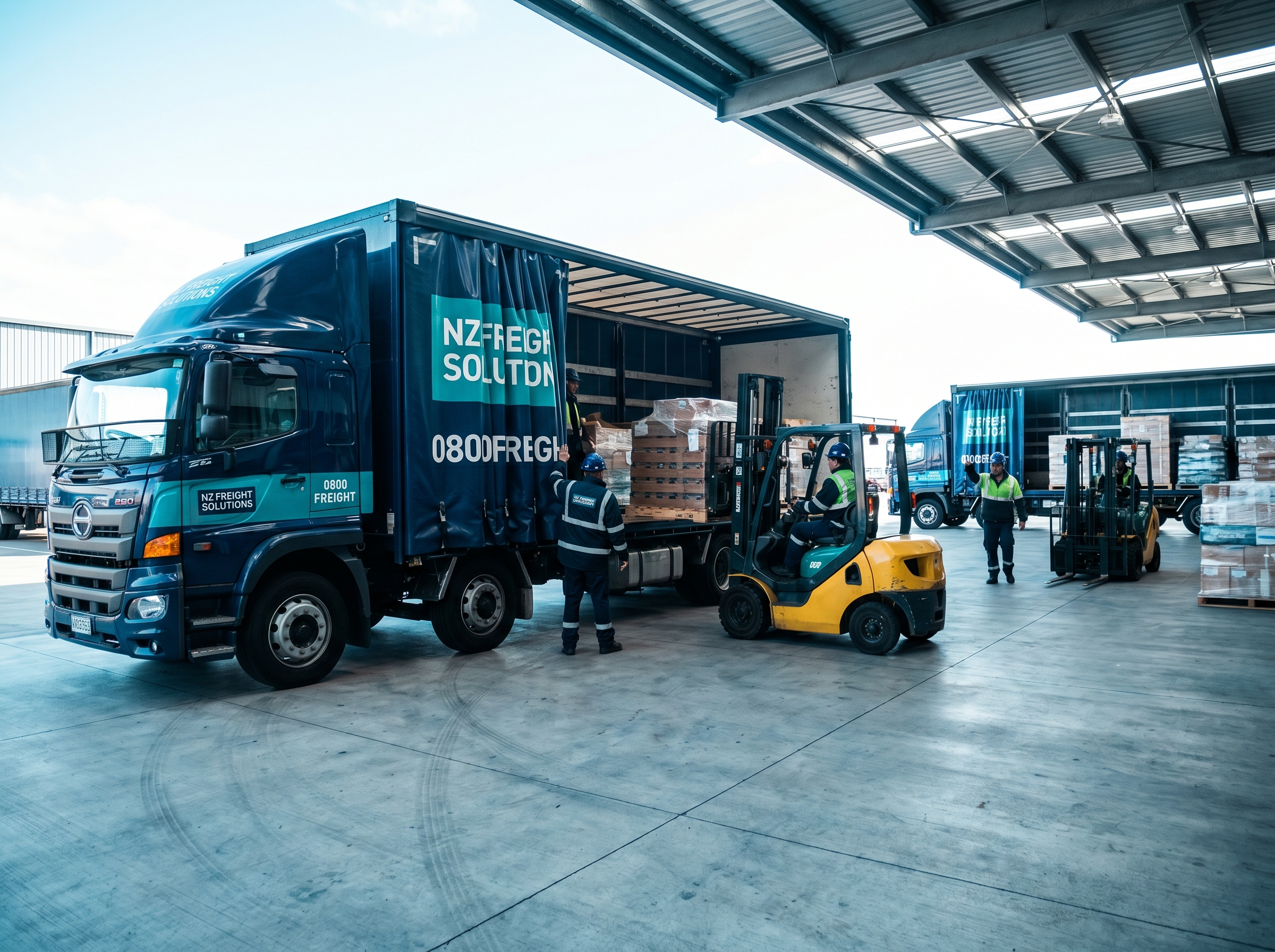 Freight loading bay at a New Zealand distribution depot with pallets being transferred to a curtain-sider