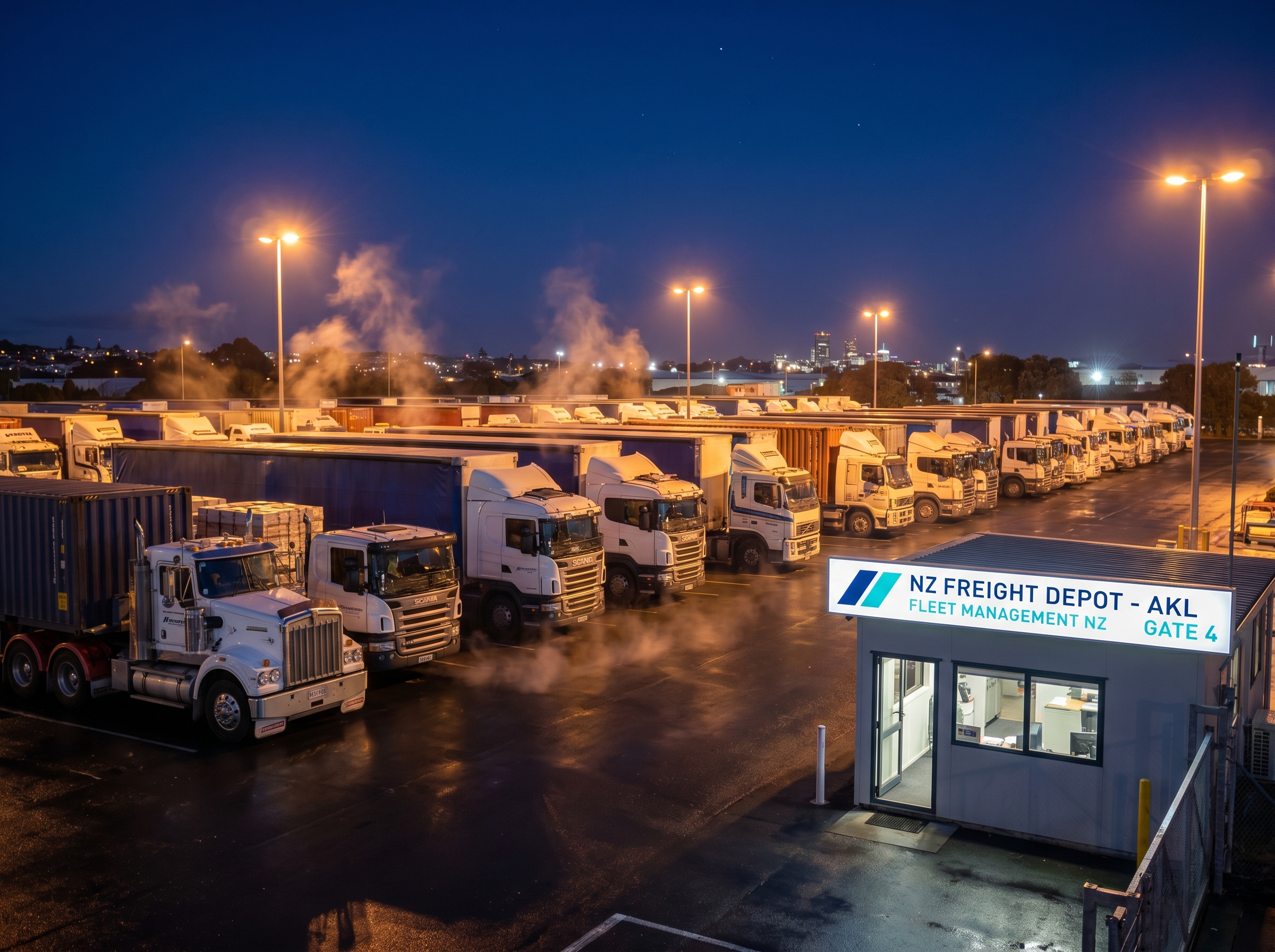Loaded Ctrack fleet trucks parked under sodium yard lights at a New Zealand depot during night shift