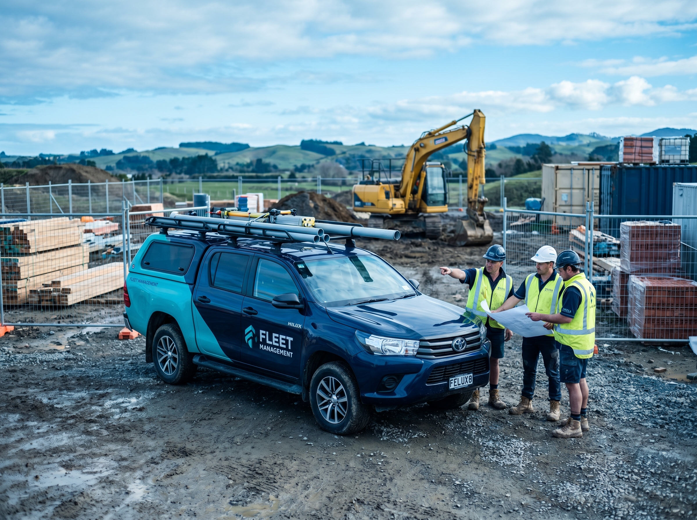 Fleet Toyota Hilux with canopy at an active New Zealand construction site with tradespeople in hi-vis