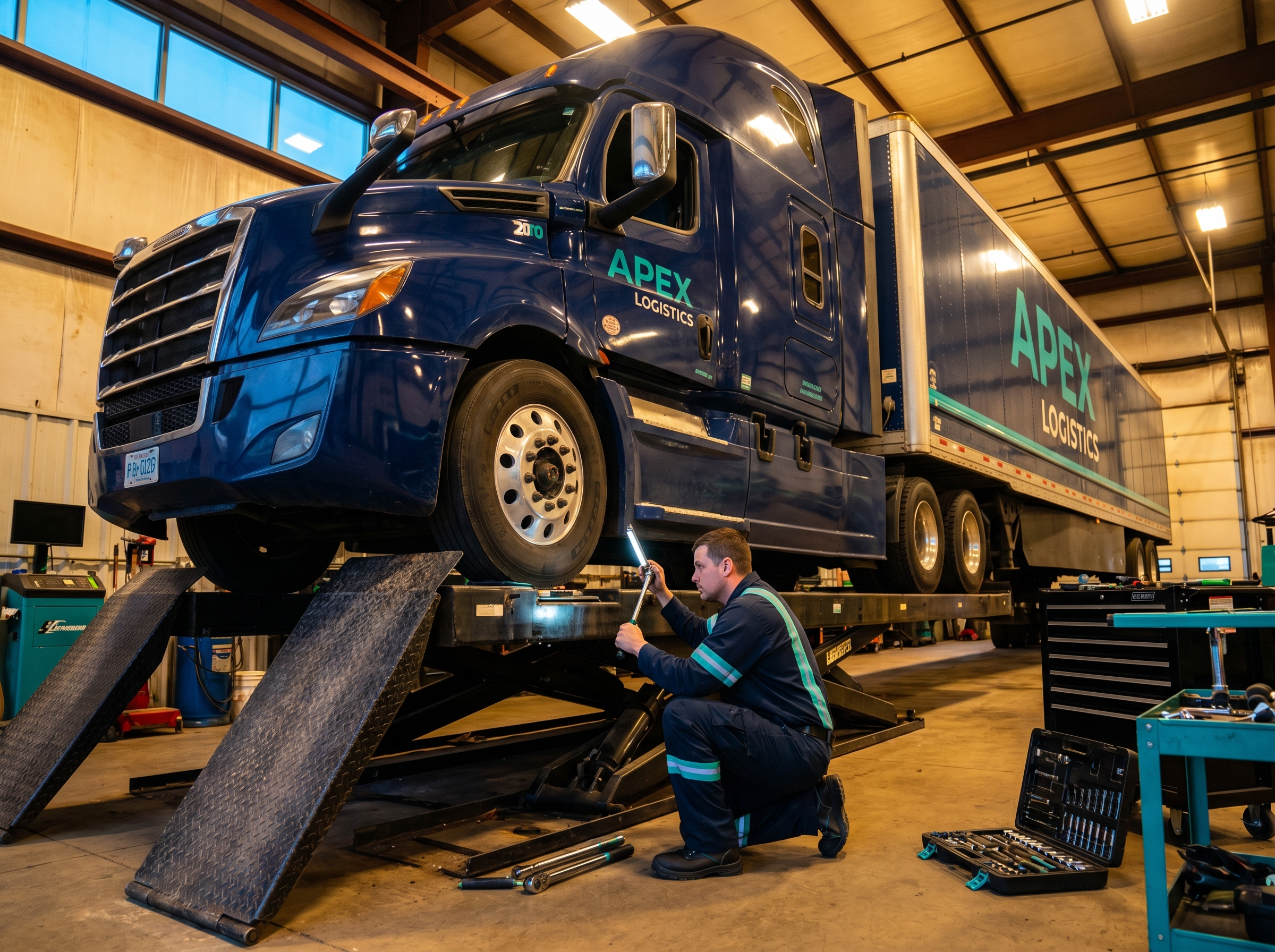 Fleet truck on ramps in a servicing bay with the technician doing running-gear checks