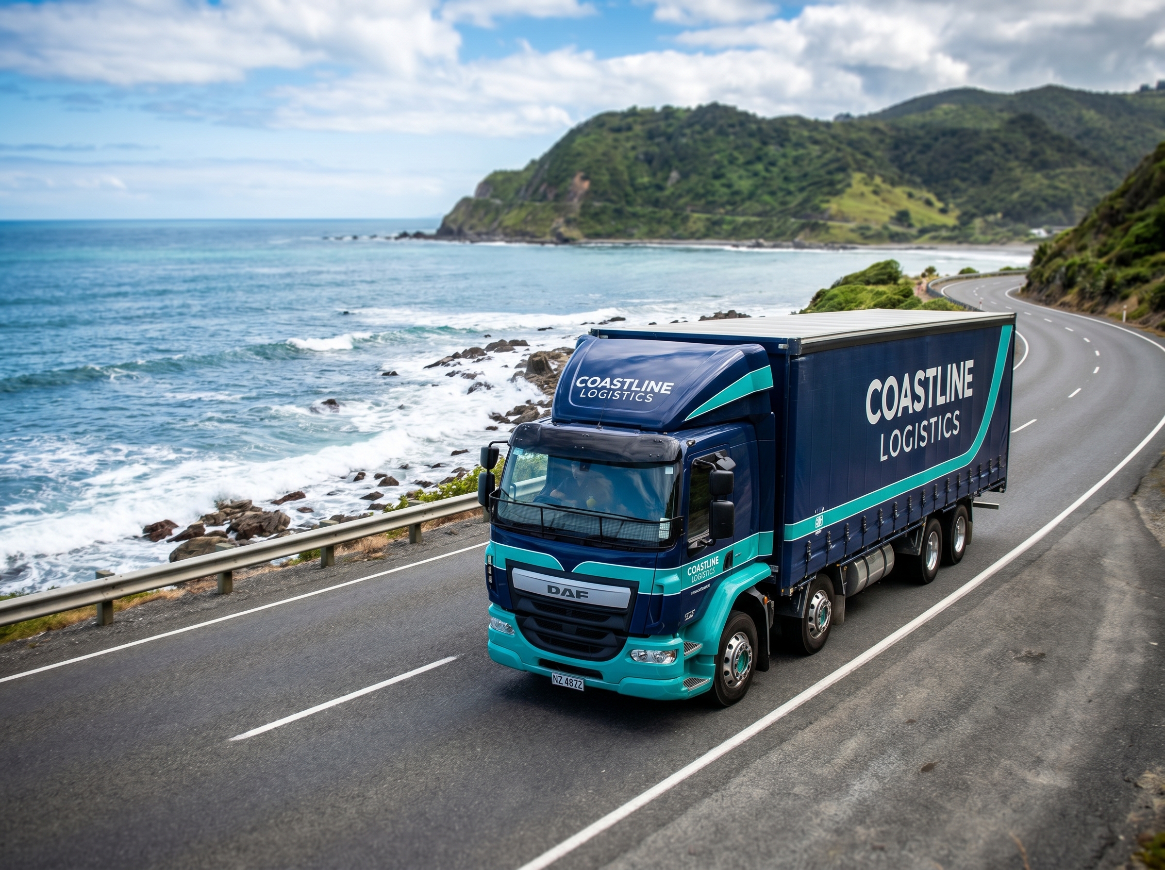 Freight truck on a coastal New Zealand state highway with ocean and headland visible
